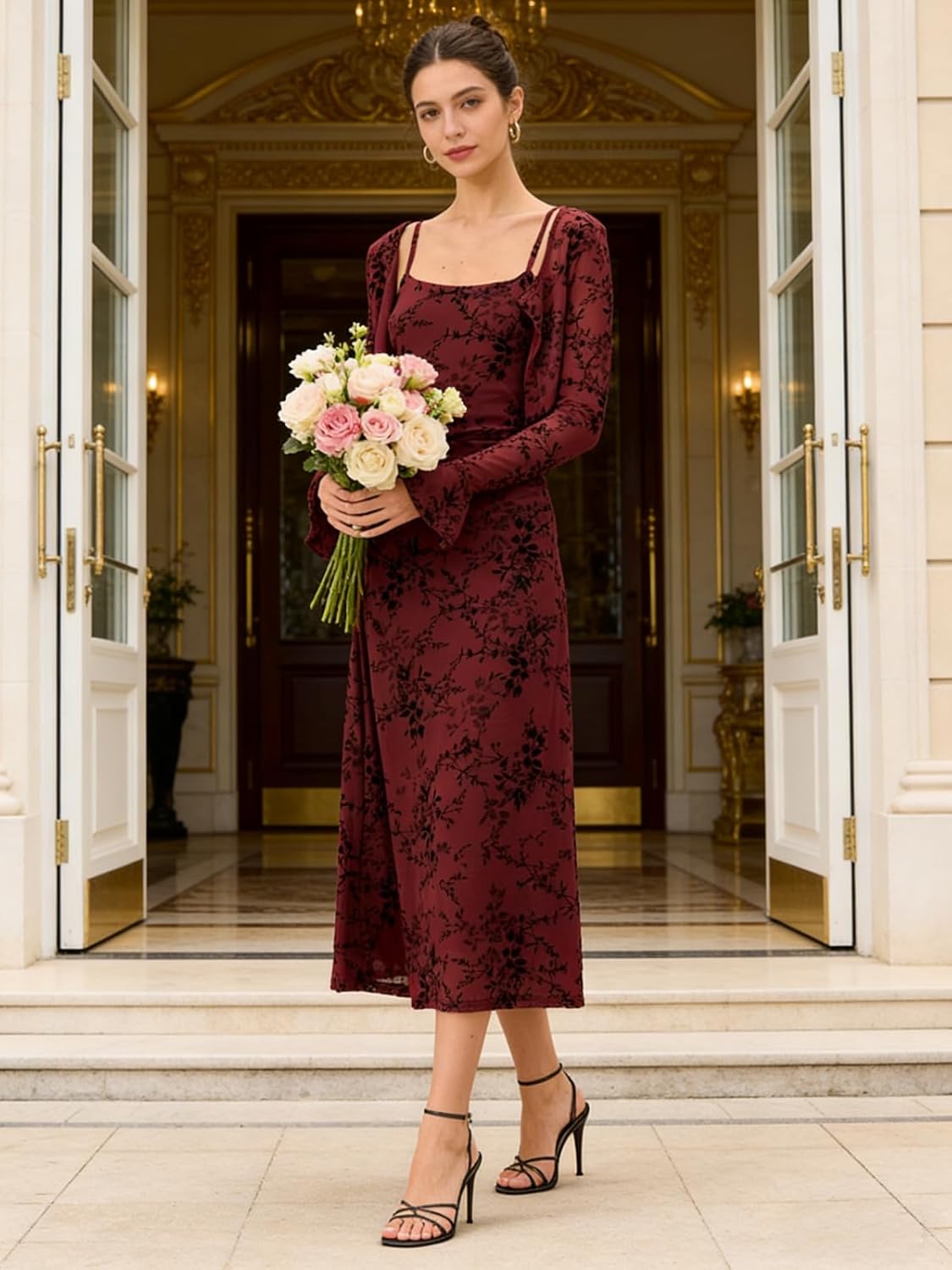 RIHOAS Red Floral Spaghetti Strap Bodycon Slip Midi Dress - Women's Classy Sundress for Holiday, Graduation & Tea Party - Image 2