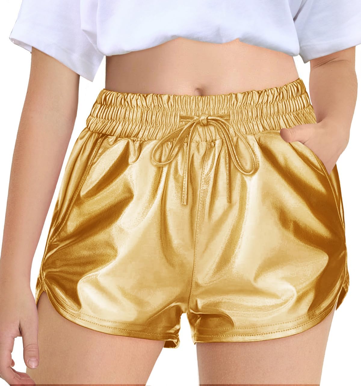 Haloumoning Girls Metallic Shorts Sparkly Dance Outfits Elastic Drawstring Shiny Hot Short Pants 5-14 Years