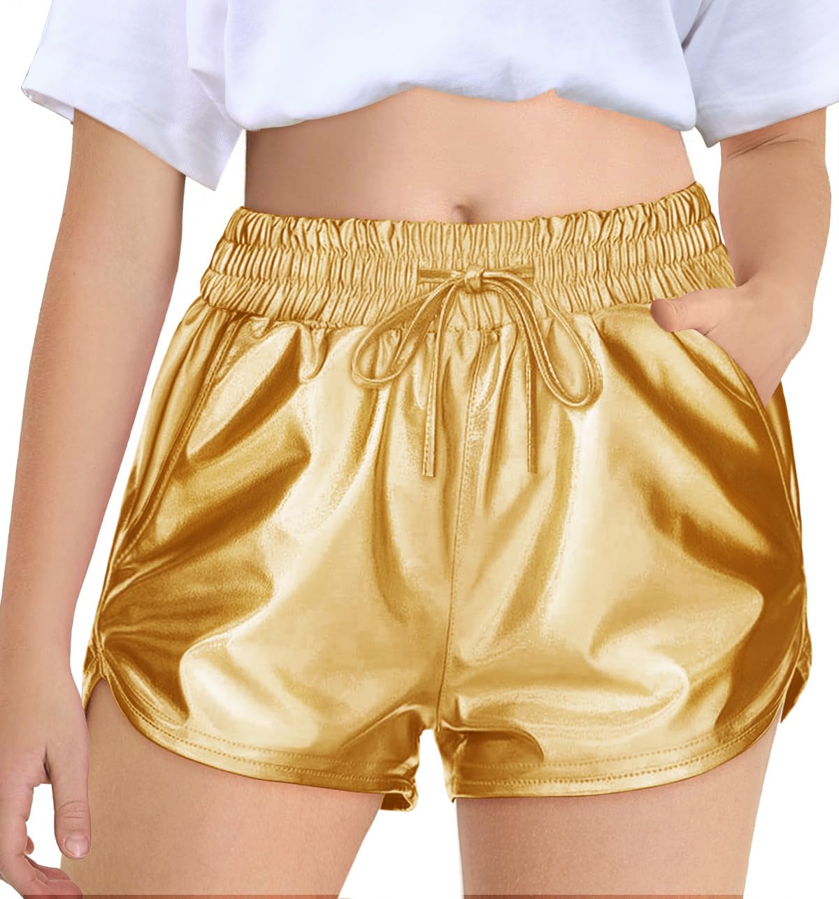 Haloumoning Girls Metallic Shorts Sparkly Dance Outfits Elastic Drawstring Shiny Hot Short Pants 5-14 Years