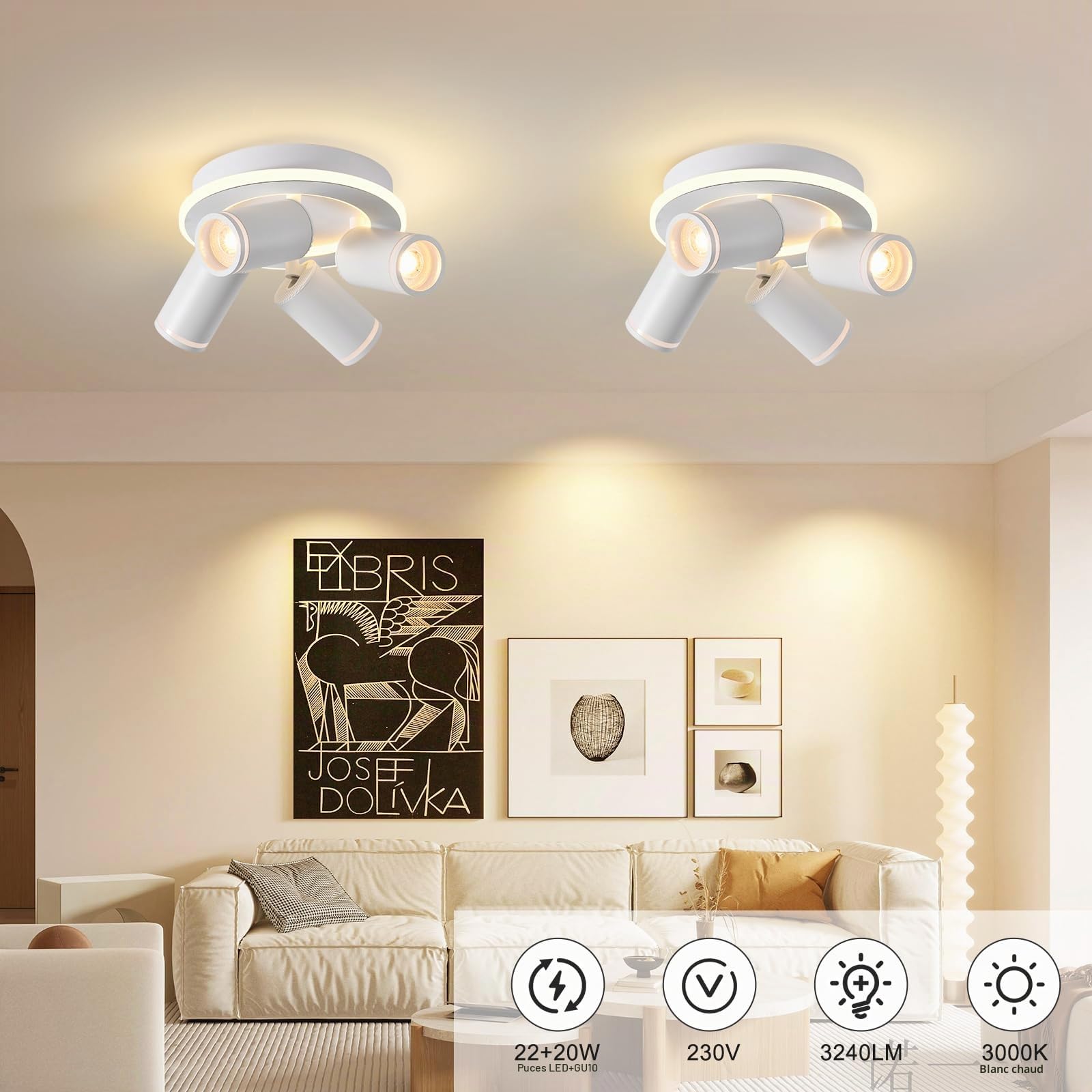 MYCUL Spot de Plafond Rond à LED 4 Flammes 22W+4x5W GU10 spots,3000K,Blanc