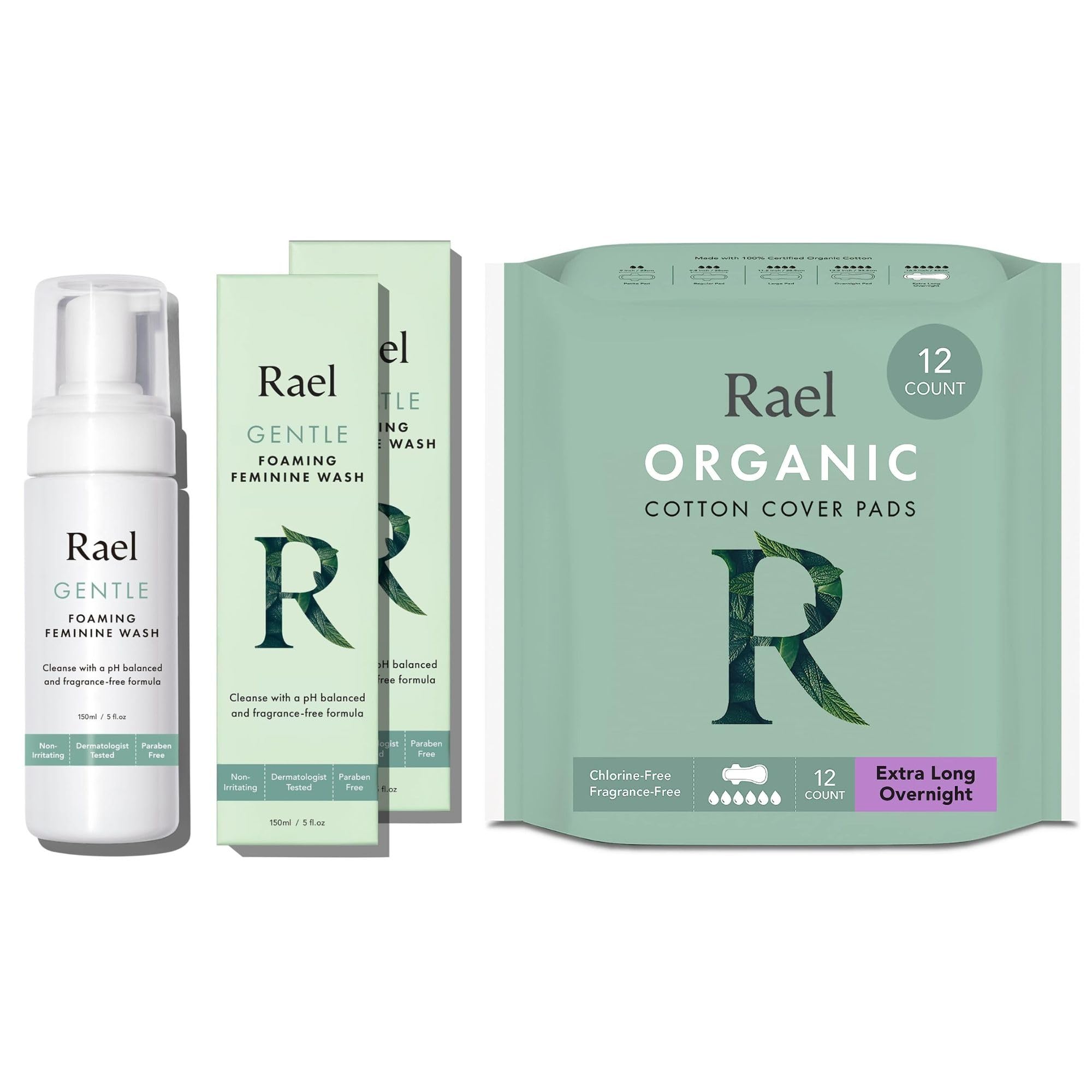 Rael Bundle - Foaming Feminine Cleansing Wash (2 Pack) & Extra Long Overnight Pad (12 Count)