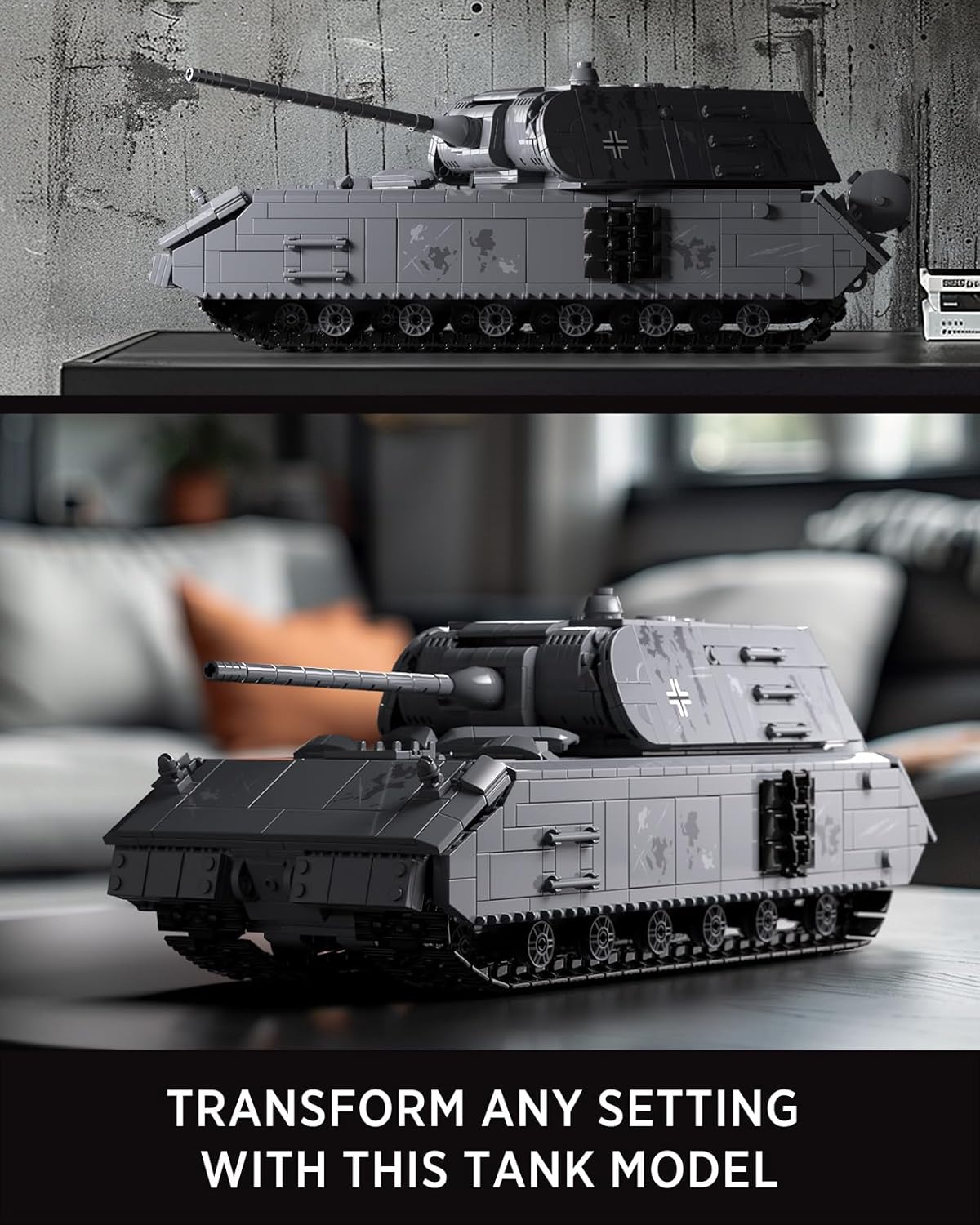 Two views of the Nifeliz Maus Tank model in different settings