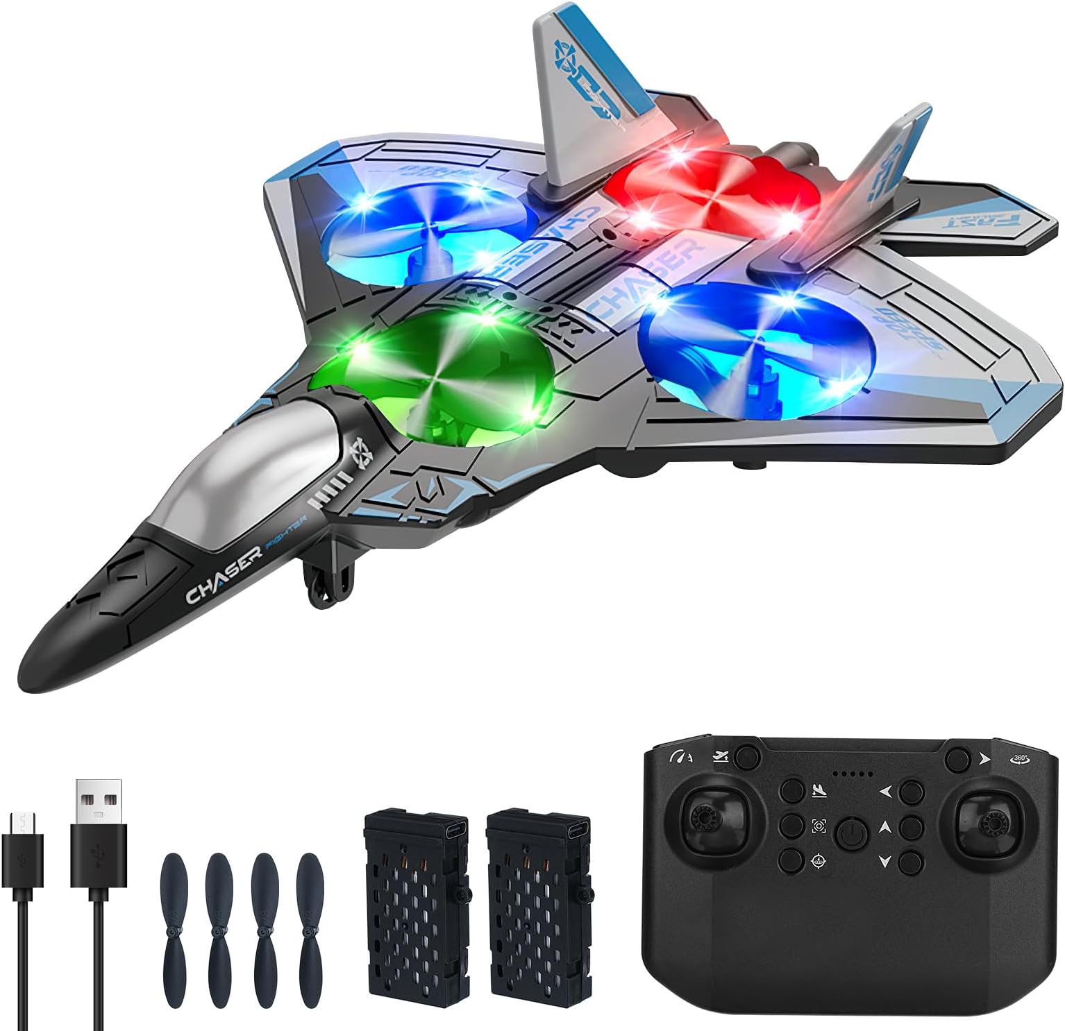 Remote Control Plane 2.4GHz RC Airplanes Helicopter for Kids Adult Beginners 4 Motor Easy to Fly Foam RC Aircraft Toys Spinning Drone with Gravity Sensing Stunt Roll Cool Light 2 Batteries