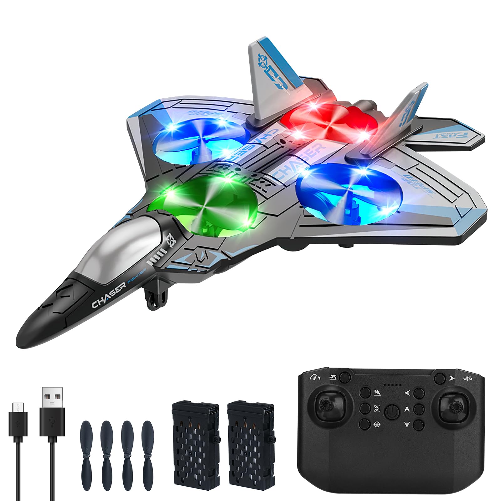Remote Control Plane 2.4GHz RC Airplanes Helicopter for Kids Adult Beginners 4 Motor Easy to Fly Foam RC Aircraft Toys Spinning Drone with Gravity Sensing Stunt Roll Cool Light 2 Batteries