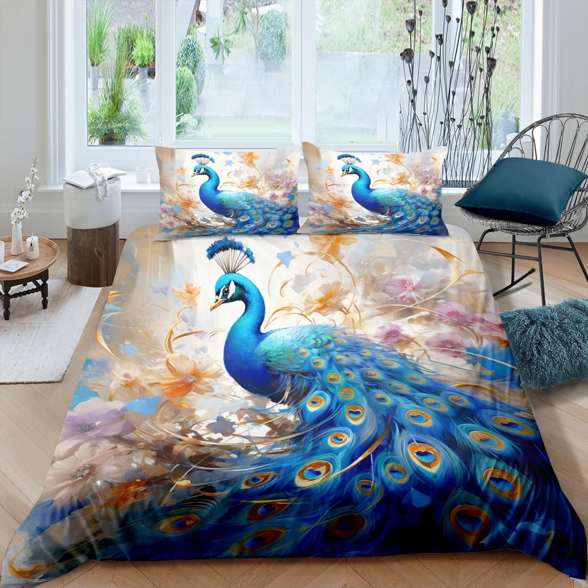 CCoutueChen Watercolor Peacock Bedding Set Twin Size Aesthetic Birds Floral Duvet Cover for Kids Girls Girls Bedroom Decor 2 Piece Soft Microfiber Comforter Cover with Zipper Closure Corner Ties