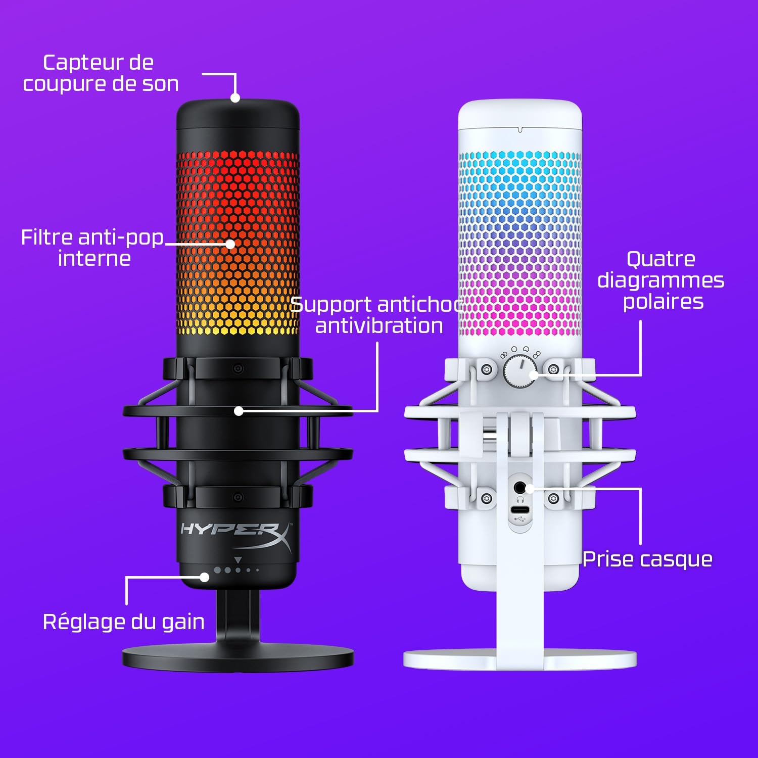 HyperX QuadCast S – Micro USB à condensateur RGB pour PC, PS4 et Mac, support anti-vibrations, Filtre anti-pop, Jeux, Streaming, Podcasts, Twitch, YouTube, Discord