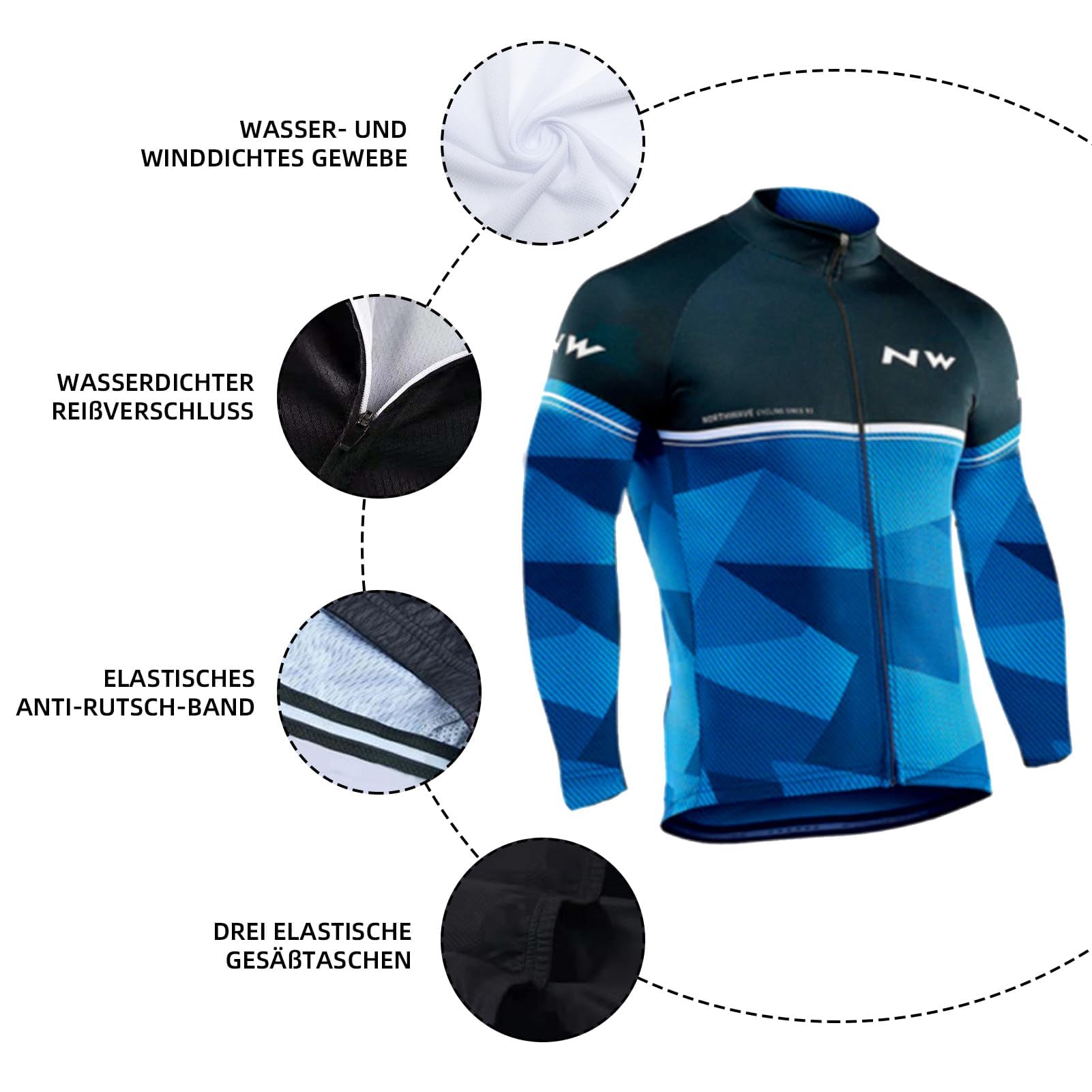 Ensemble de cyclisme d'hiver pour homme - Maillot de cyclisme à manches longues + pantalon de cyclisme d'hiver pour homme avec rembourrage 3D - Bleu - Taille 2XL, bleu, XXL