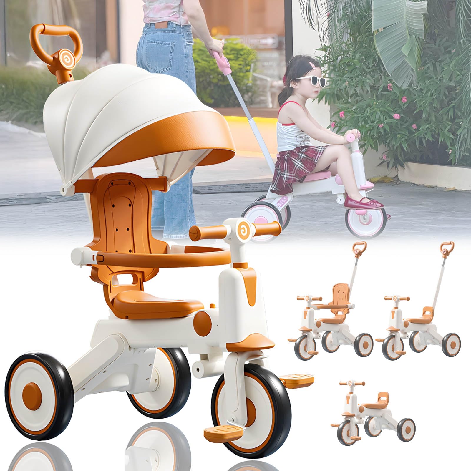 Kids Tricycle with Canopy and Push Handle, Orange and White