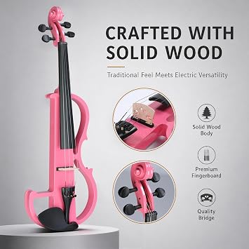 Electric Violin 4/4 Full Size, Solid Wood Silent, Pink