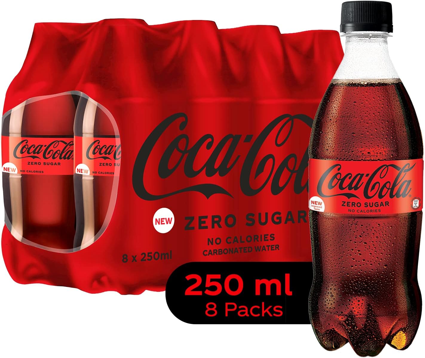 Coke Zero Zero Cola Sugar, No Calories Soft Drink Pet Bottle, 250 Ml (Pack of 8)