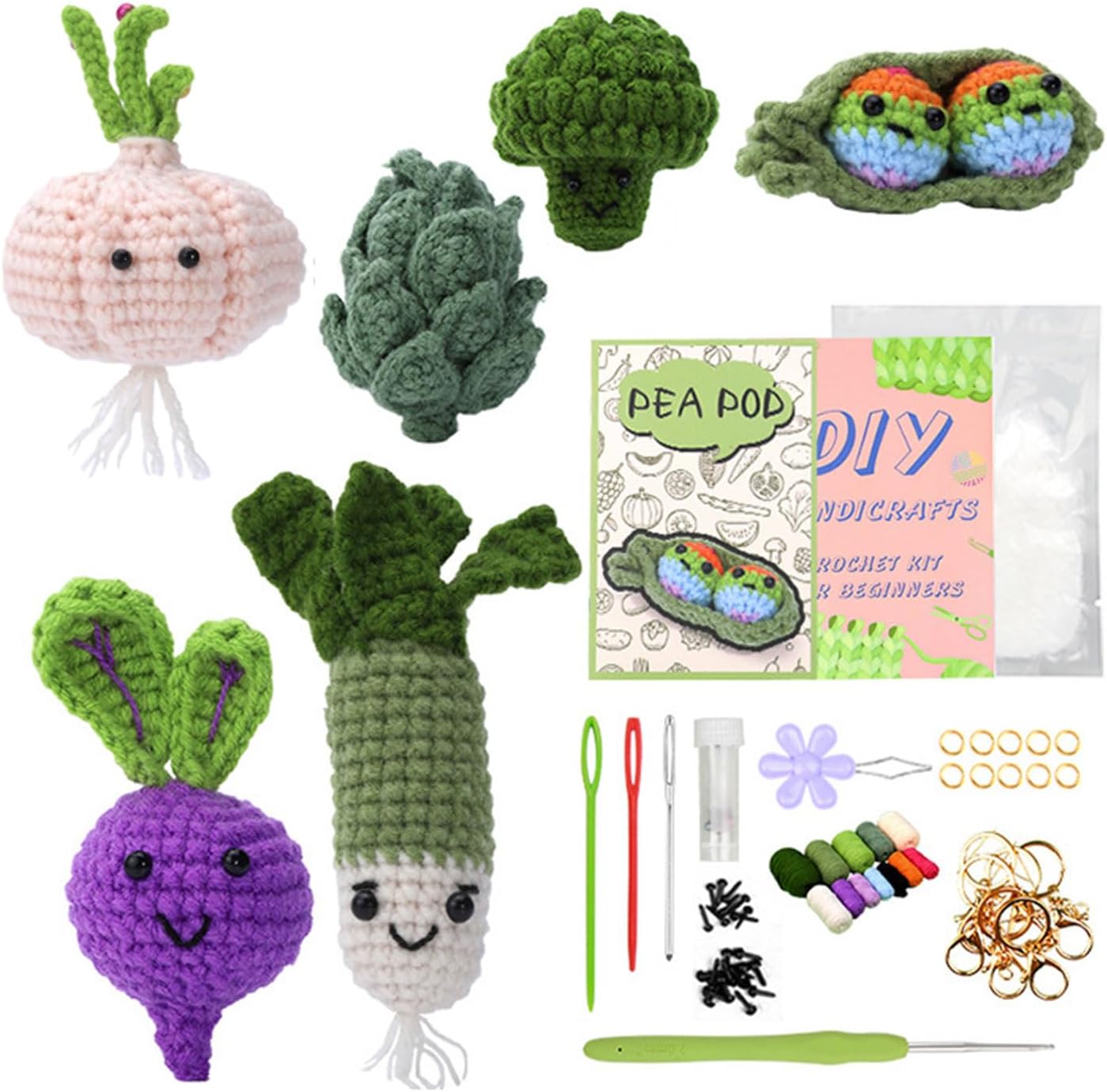 YWLUUOO Crochet Vegetables Starter Kits, with Yarn, Crochet Hooks, Needle, Knitting Marker, Eye, Keychain Clip Hooks Gift