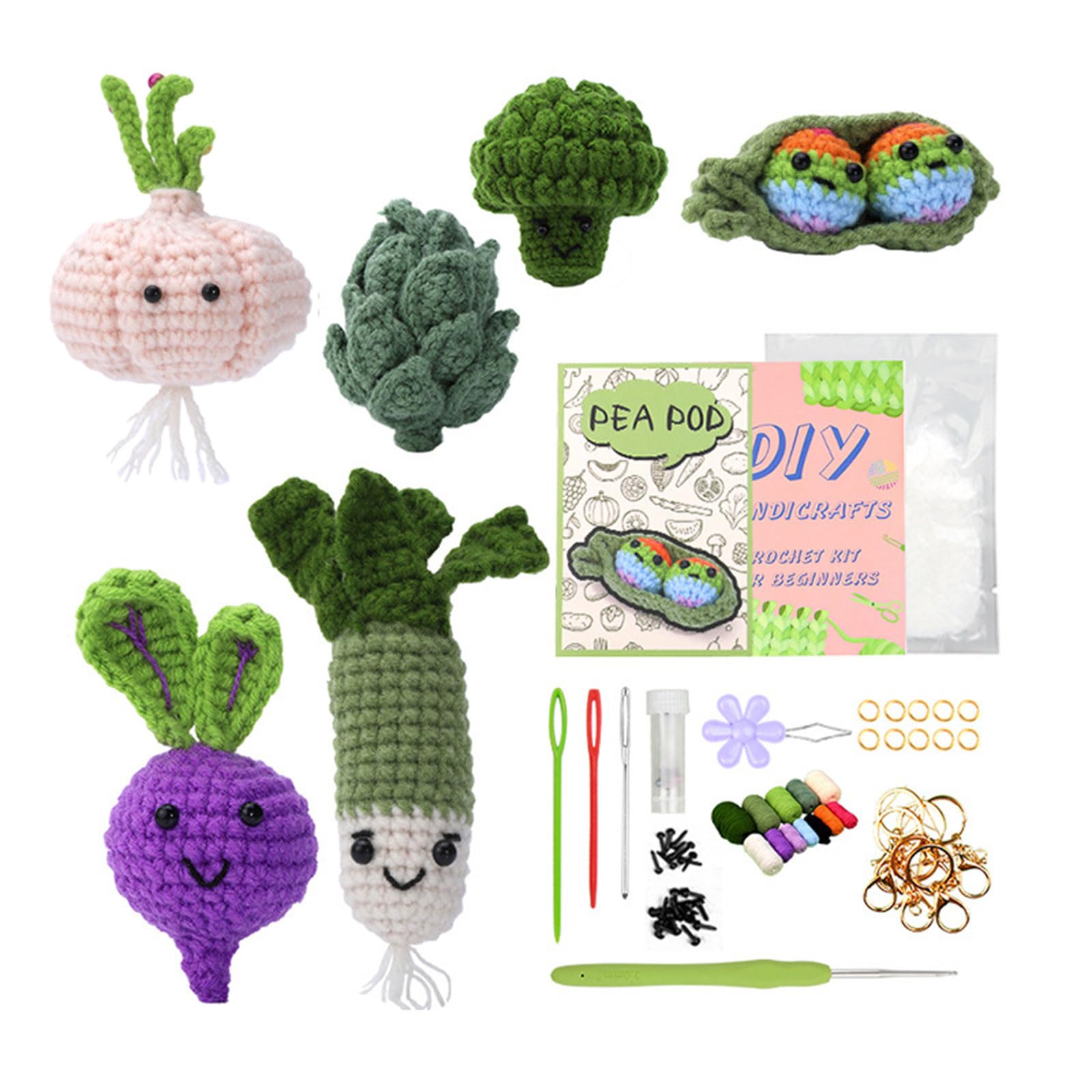 Kfwfuaee Crochet Vegetables Kits Including Crochet Hook, Needle, Needle Threader, Yarns, Keychain Clip Hooks, Knitting Marker
