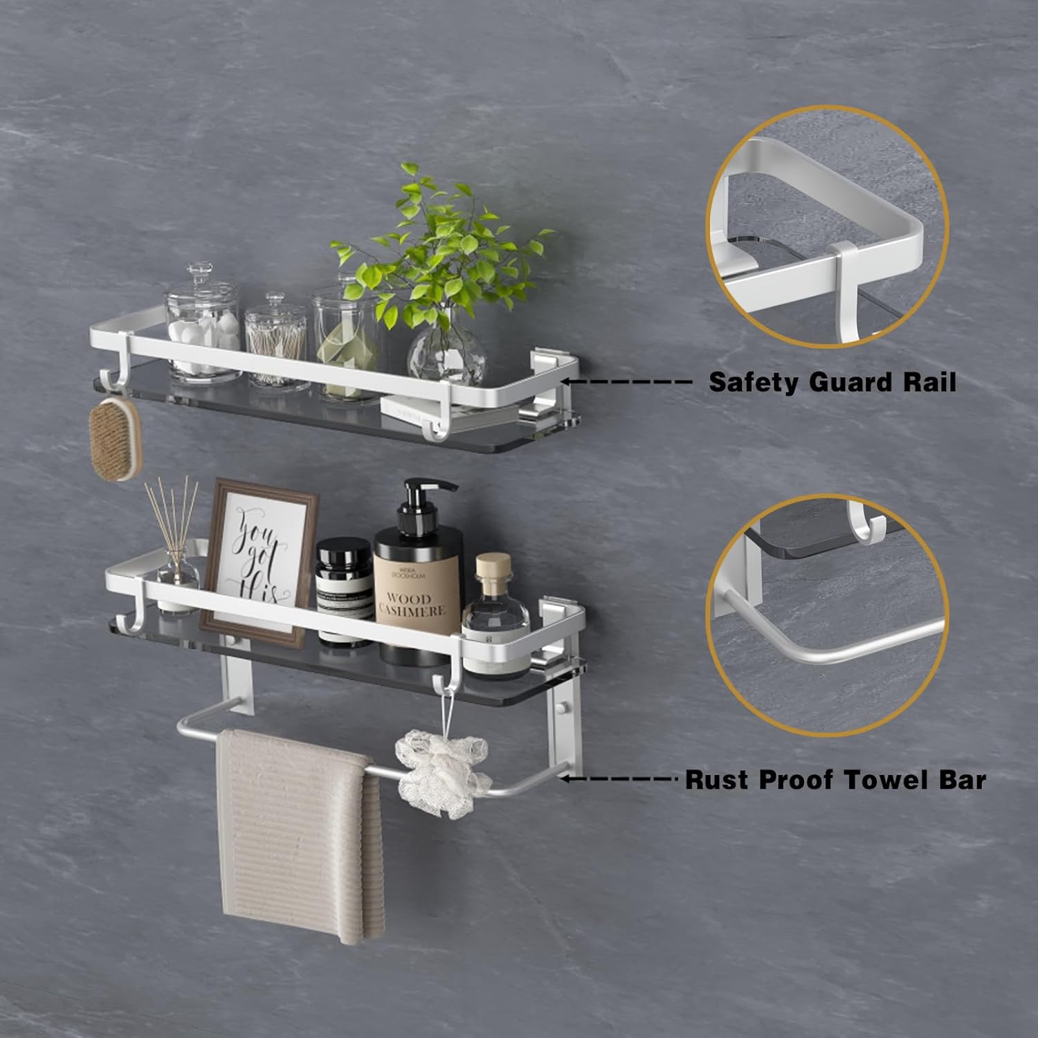 VOLPONE Glass Shelf for Bathroom 15.7 in Bathroom Shelves with Towel Bar Tempered Glass Shelves with 4 Removable Hooks for Wall（2 Tier）