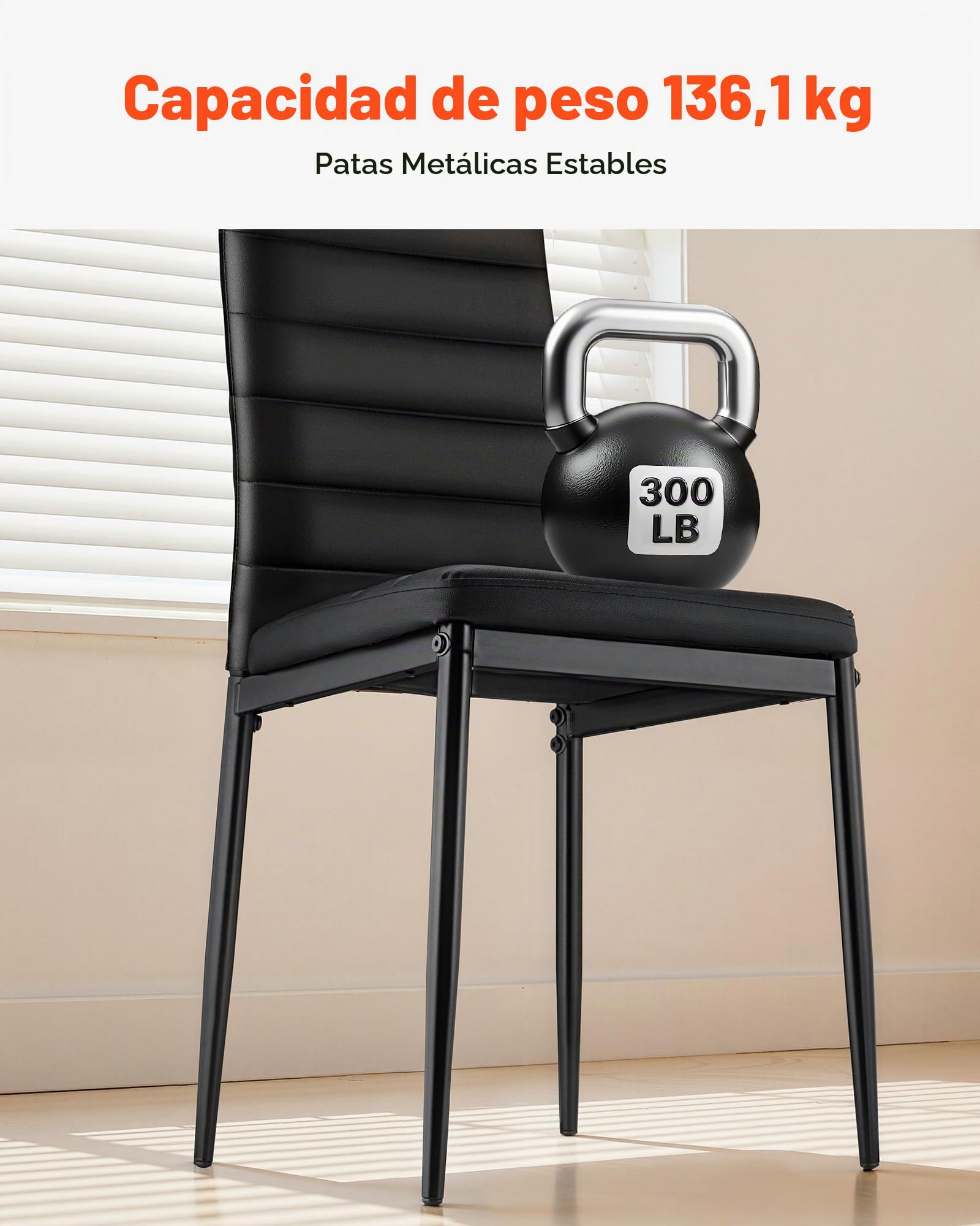 VEVOR Juego de 6 Sillas de Comedor de Estilo Moderno, Tapizadas en Cuero, para Mesa de Comedor, Ahorra Espacio, con Cojines Gruesos y Patas Metal, Acentos, Negro, 465 x 405 x 970 mm, Carga 136 kg