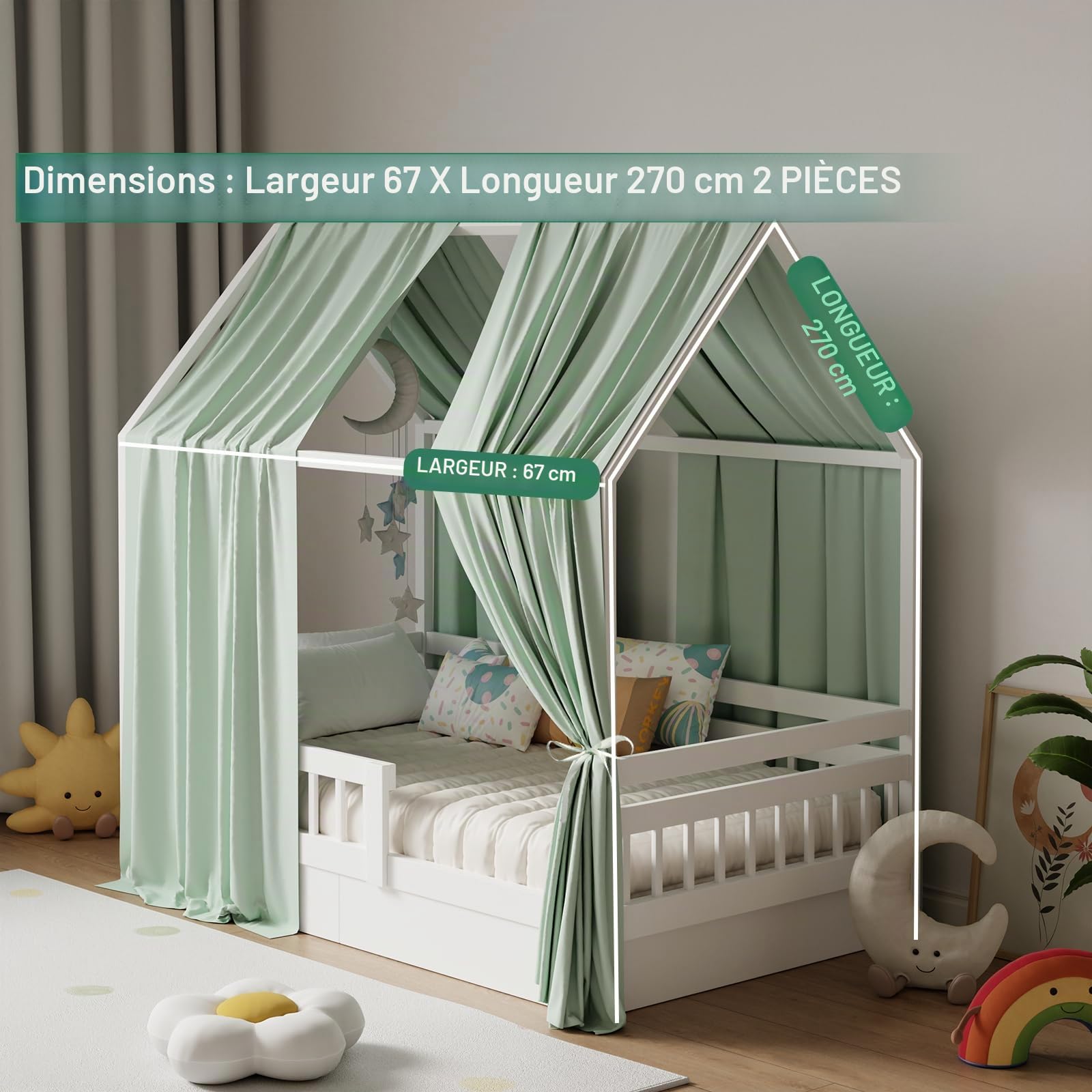 Ciel de lit en mousseline, 2 pièces, 270L x 67H cm, Vert, Polyvalent, Princess, Chambre d’enfant, Fille et Garçon