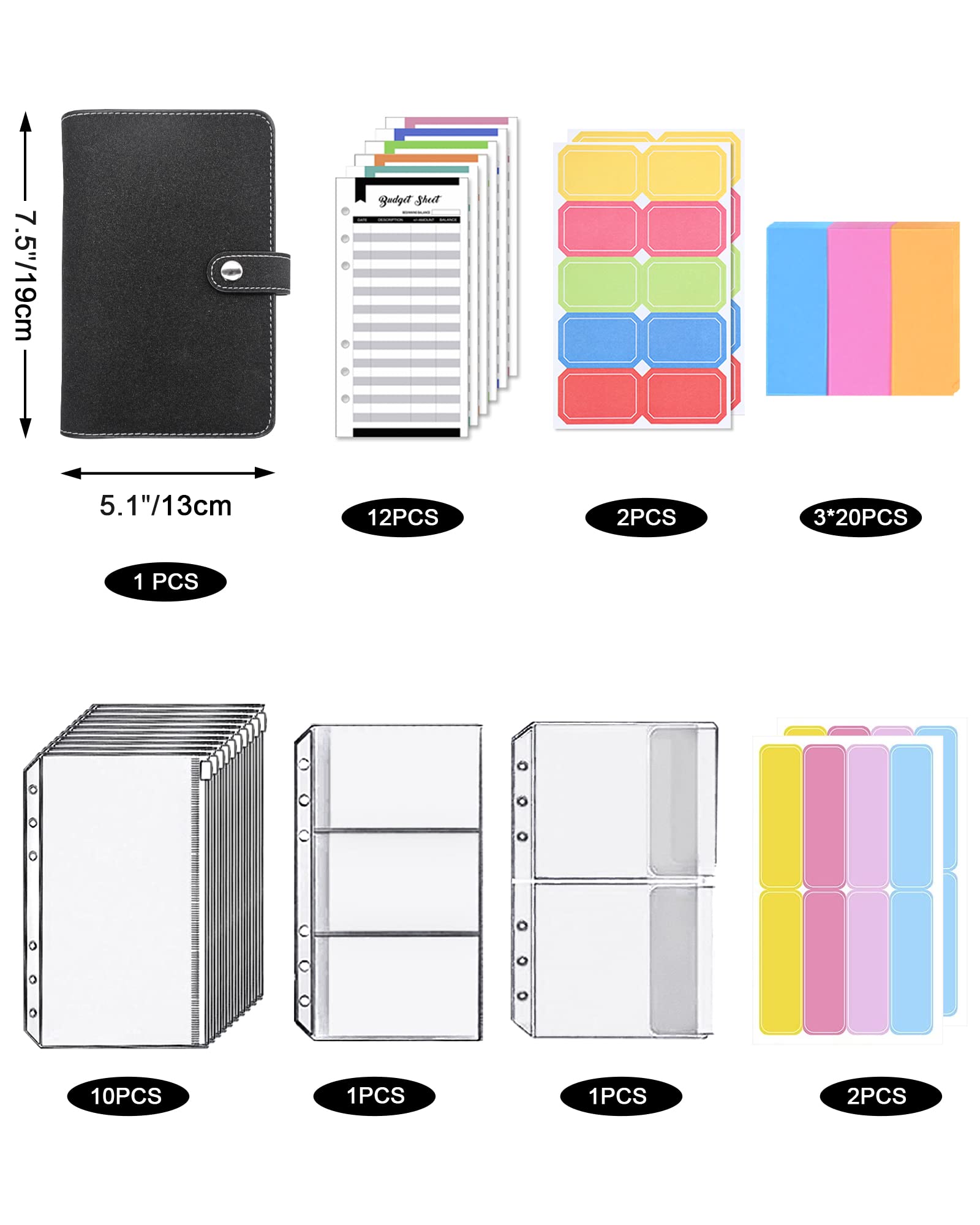 JEJA Agenda A6 con Buste Porta Soldi, Raccoglitore bilancio con Foglio Spese, Buste Trasparenti a Cerniera, Etichette Colorate (Nero)