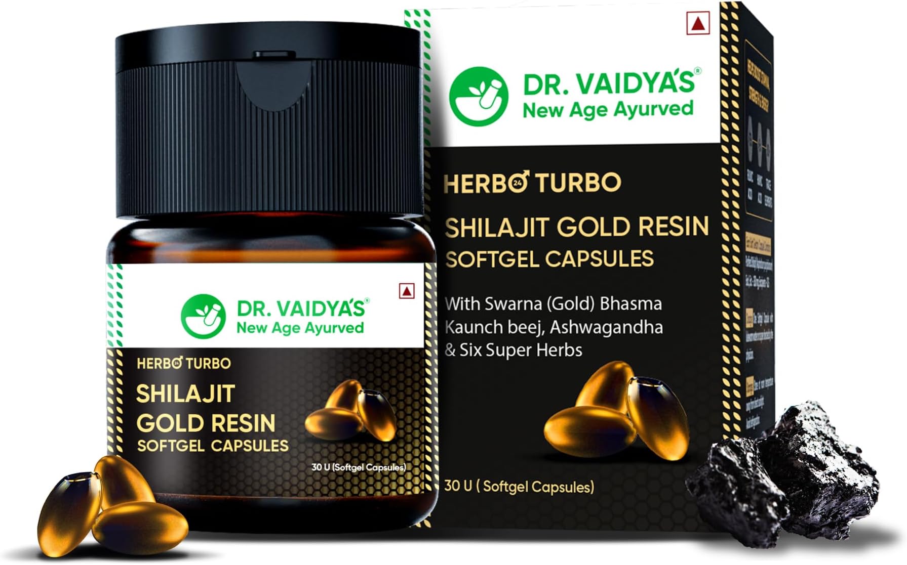 Dr. Vaidya's Herbo24Turbo Shilajit Gold Resin Softgel Capsules | 30 Ayurvedic Capsules for Strength, Stamina & Energy in Men | Enriched with Pure Shilajit for Men & 24K Gold Bhasma (Pack of 1)
