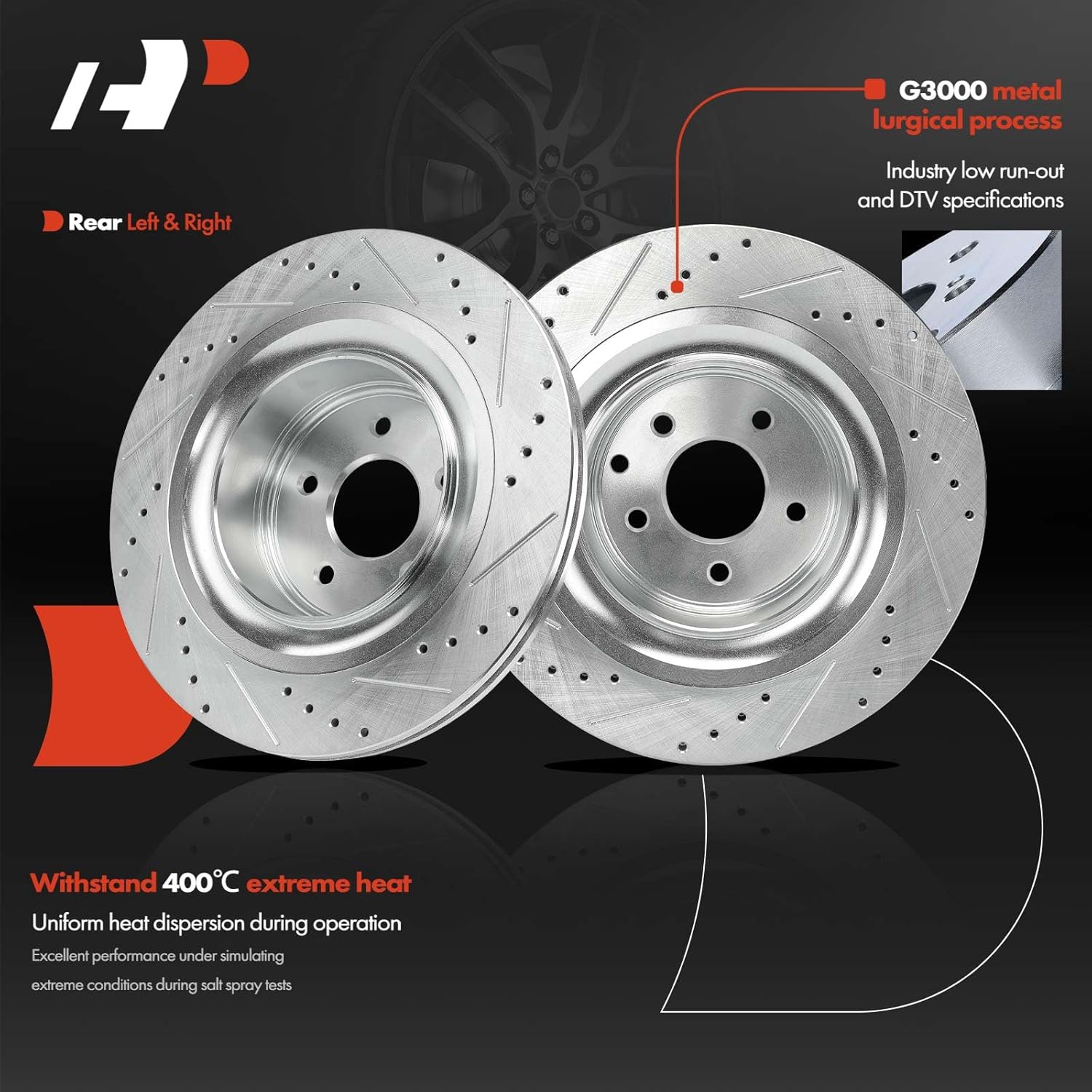A-Premium 13.78 inch (350mm) Rear Drilled and Slotted Disc Brake Rotors + Ceramic Pads Kit Compatible with Select Nissan and Infiniti Models - 370Z 2009-2020, Z 2023, G37 2008-2013, Q60, 6-PC Set
