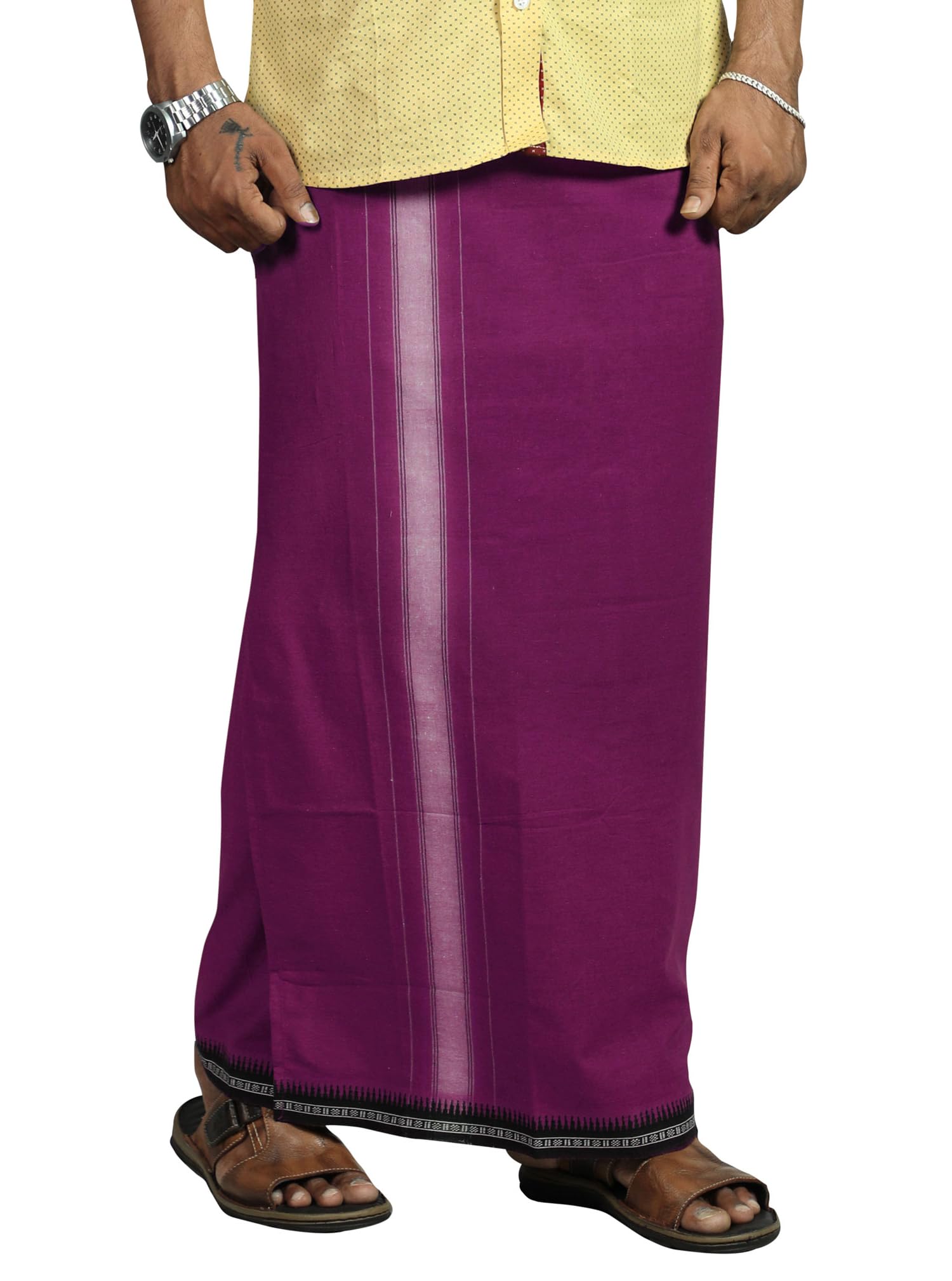 Prakasam Cotton Mens Cotton Kerala Thalapathi Border Welcro Pocket Dhoti (S-Size Dhoti) / Violet Colour Thalapathi Adjustable Pocket Dhoties For Mens