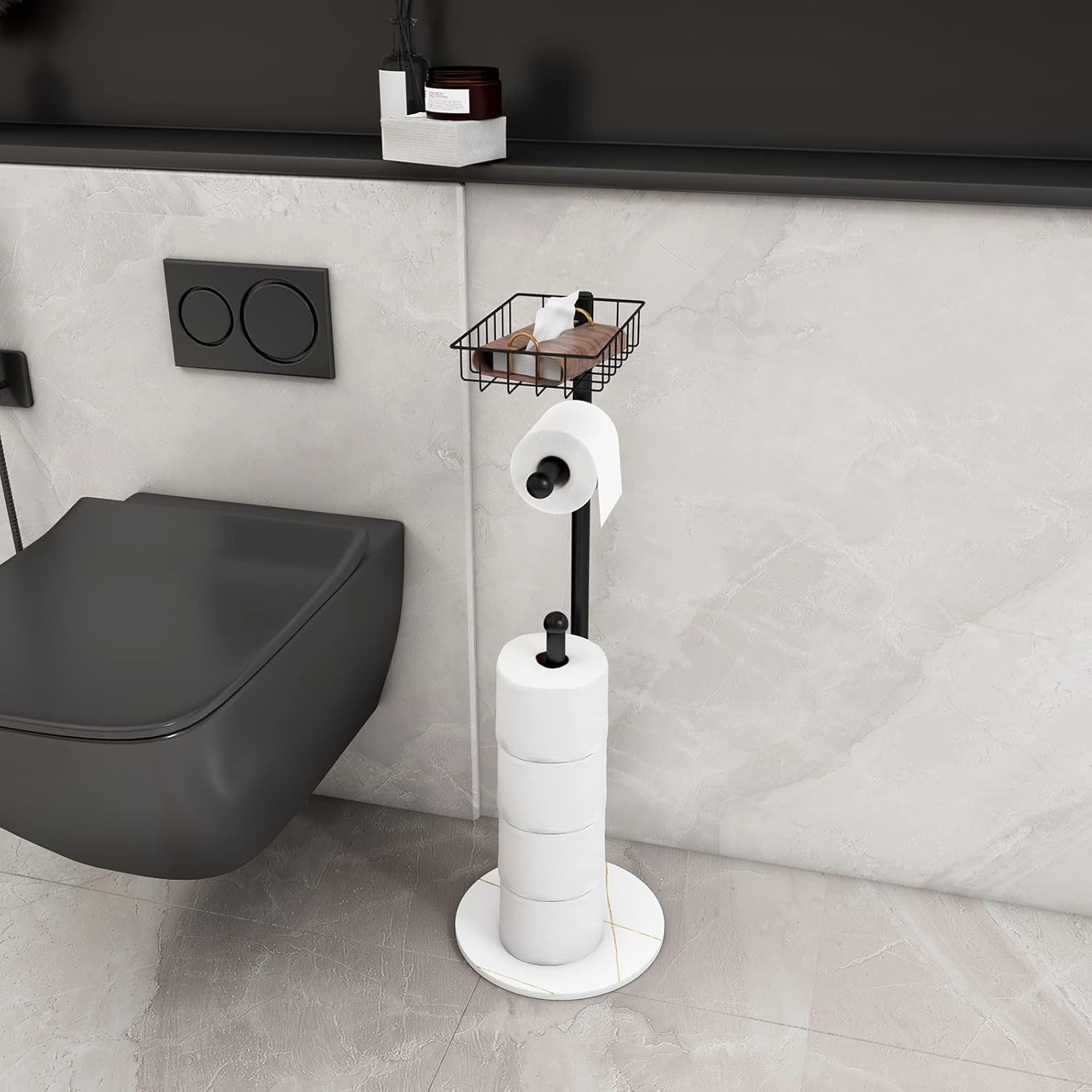 Toilet Paper Holder Stand with Shelf, Free Standing Bathroom Toilet Tissue Holder with Reserve, Modern Heavyweight Marble Base for Jumbo Roll, Black