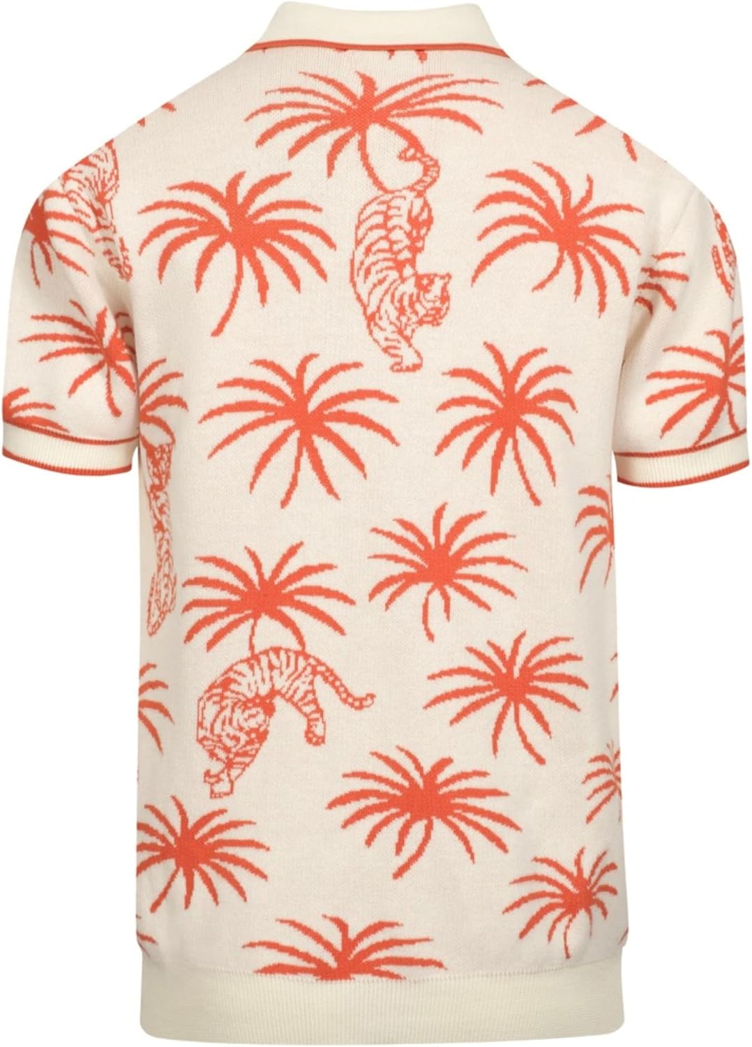 OXKNIT Men's Knit Polo Shirts, Retro Tiger Coconut Trees Pattern Short Sleeves Casual V-Neck Short Shirts, White image 2