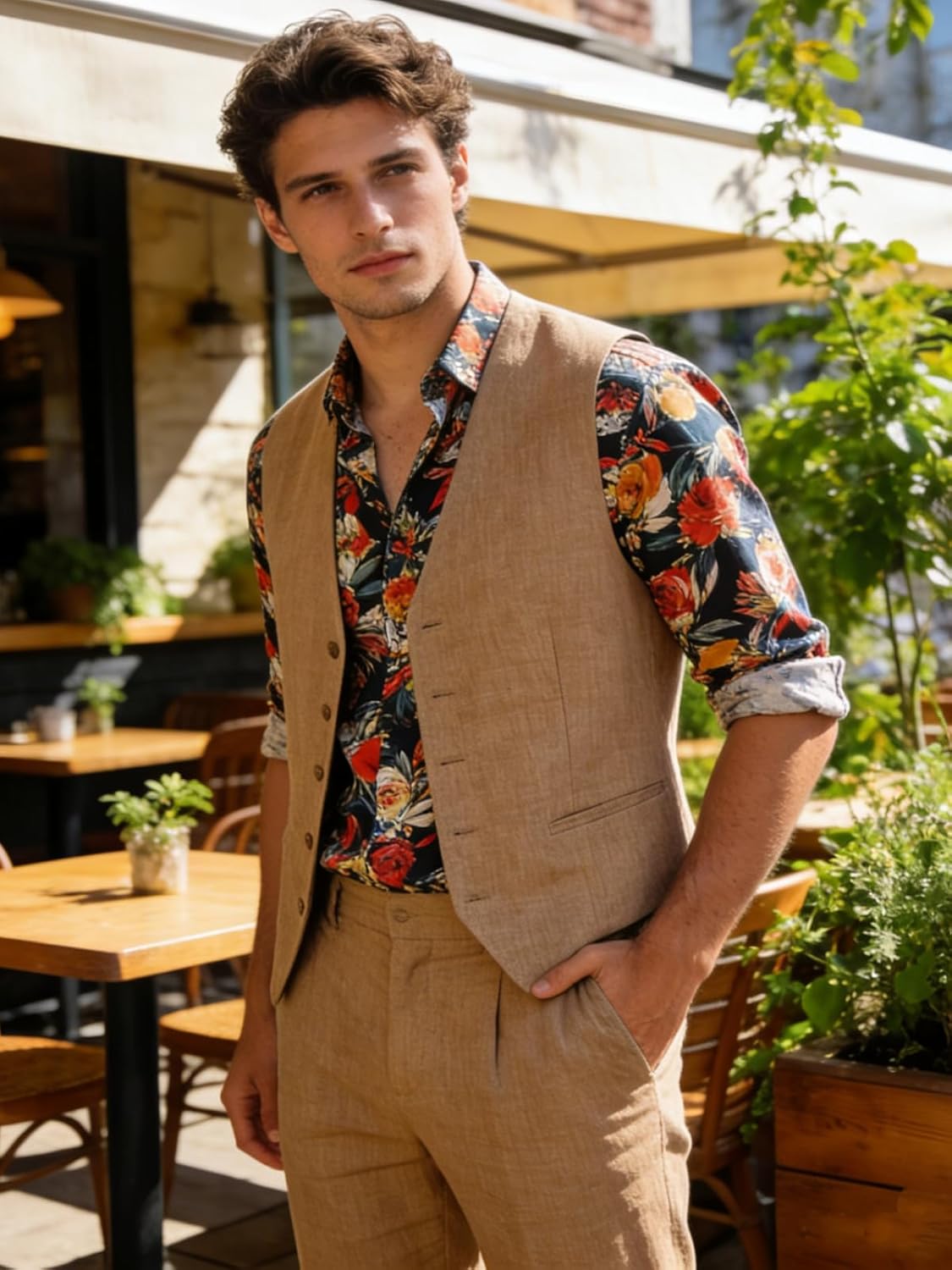 Men's Linen Suits 2 Piece Slim Fit Suit Prom Beach Wedding Groomsman Vest Pants Set Casual Summer Linen Outfit