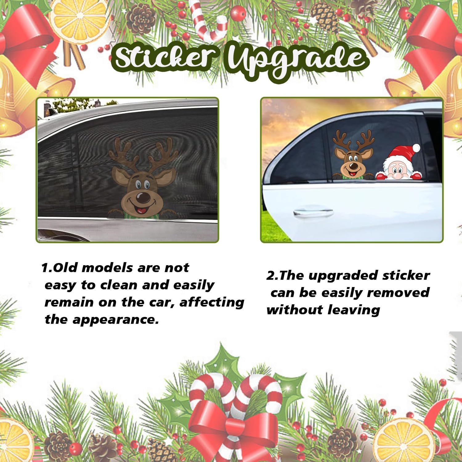 LOKIPA Christmas Car Sticker, 2PCS Christmas Car Window Decals Cute Santa Car Window Stickers for Christmas Car Decorations Accessories (Reindeer and Santa Claus) image 3