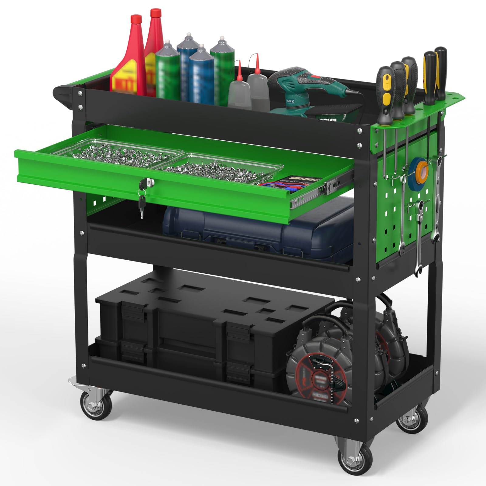 - 3 Tier Rolling Tool Cart on Wheels, 550 LBS Tool Cart with Drawers，Heavy Duty Utility Cart with Pegboard and Hooks，Mechanic Tool Storage Cart for Garage, Warehouse (Black-Green)