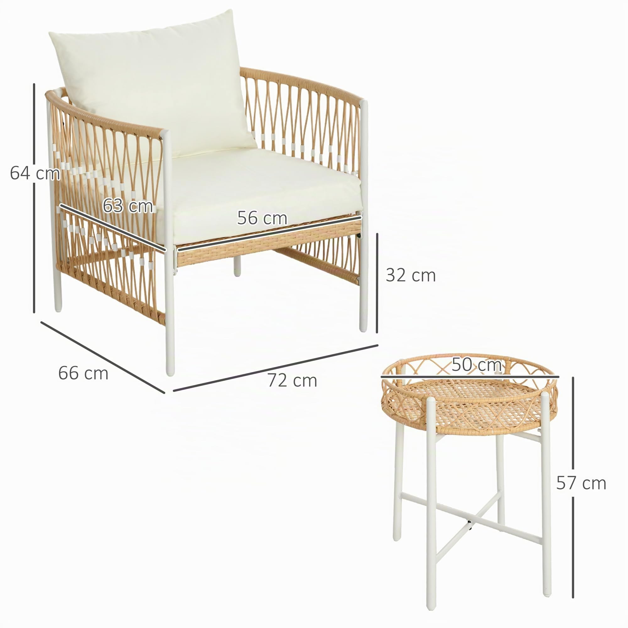 Outsunny Conjunto Jardín Exterior de 3 Piezas, 2 Sillas, Balcón, Crema | Muebles de Jardín, Mesa de Ratán, Cojines Acolchados, Fundas Extraíbles, Marco de Acero, Resistente a la Intemperie