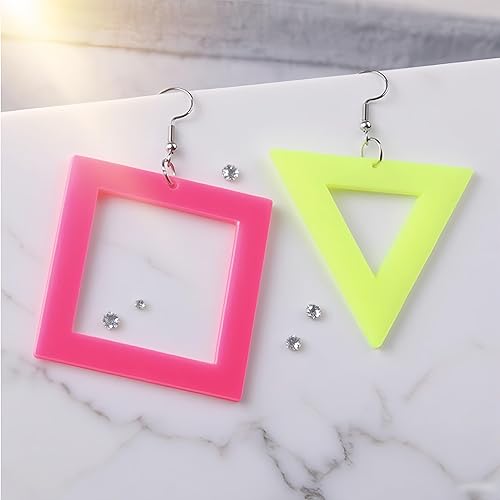 Miniatura 3 de Aretes de neón de los años 80 y 90 para mujer, color amarillo, rosa, triangular, cuadrados, huecos, aretes colgantes acrílicos coloridos para los