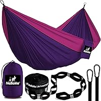 Vista 11 de Hamaca MalloMe para una o dos personas, para camping, set de hamaca colgante con 3 correas para árbol, hecha de nailon, es ligera, capacidad para 2