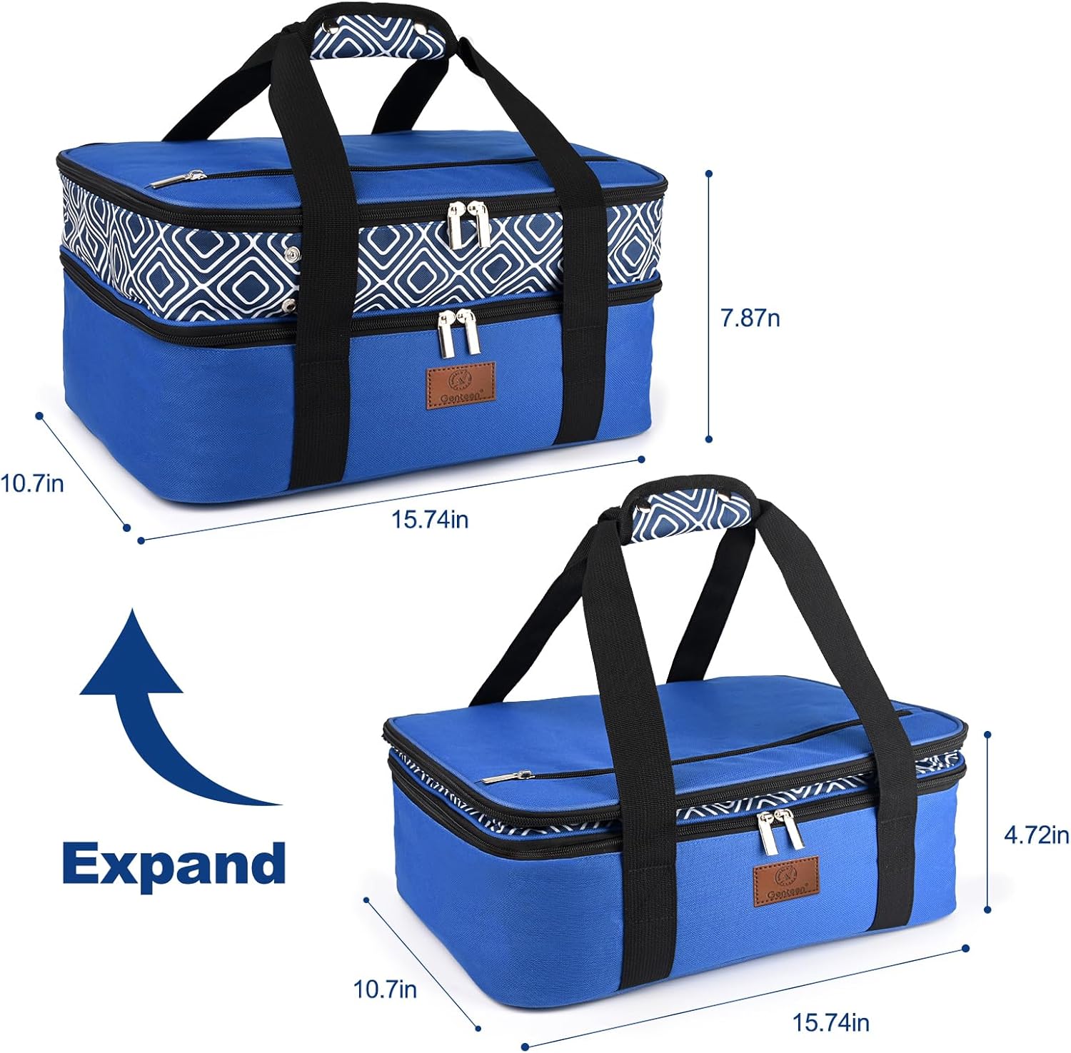 Genteen Insulated Casserole Carrier,Expandable Double Insulated Food Carrier for Hot and Cold Food, Fits 9x13 Casserole Dish,Lasagna Holder Tote for Parties Potluck Picnic (Blue)