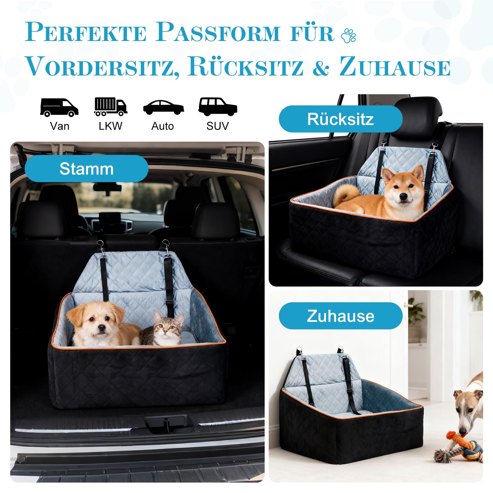 Asiento Perro Coche para Perros Medianos hasta 25 kg - Asiento Coche Perro Desmontable y Lavable con Base Antideslizante para Asiento Trasero