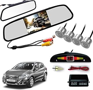 نظام فيديو لمرآة الرؤية الخلفية تي اف تي بشاشة ال سي دي مقاس 4.3 بوصة مع 16.5 ملم للكاميرا العكسية HD من اوتو بيرل، 4 مستشعرات وقوف السيارات الفضية