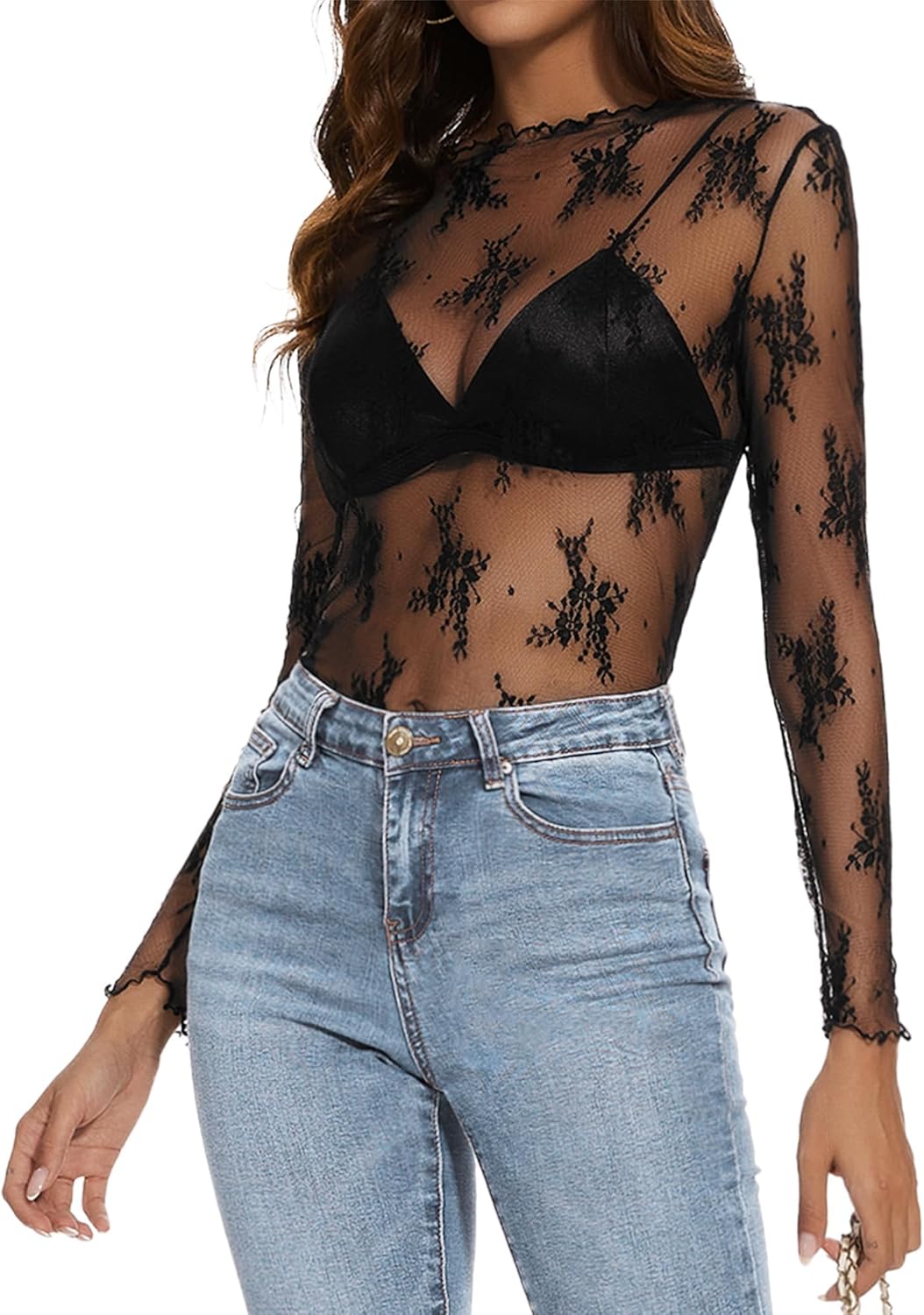 Womens Lace Mesh Long Sleeve Top Floral Sheer See Through Sexy Tops Mock Neck Shirts Party Club Night Blouses - Image 4