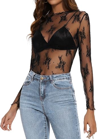 ETOSELL Womens Lace Mesh Long Sleeve Tops Floral Sheer See Through Sexy Mock Neck Shirts Party Club Night Blouses