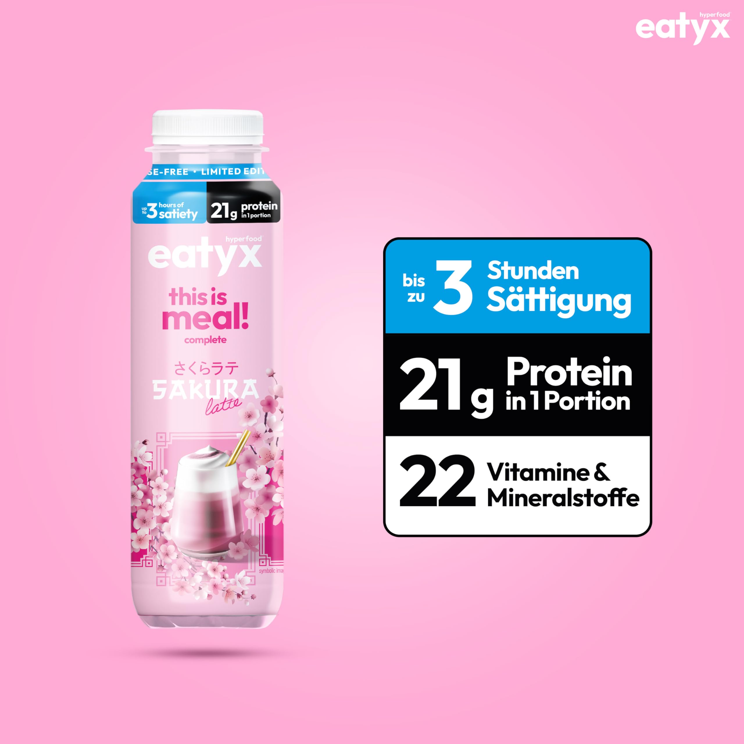 eatyx -Napój odżywczy Sakura Latte 8 x 300 ml - Bez laktozy - 21 g białka, 22 witaminy, 4,8 g błonnika, bezglutenowy - Pełnowartościowy koktajl proteinowy - Zamiennik posiłku w podróży