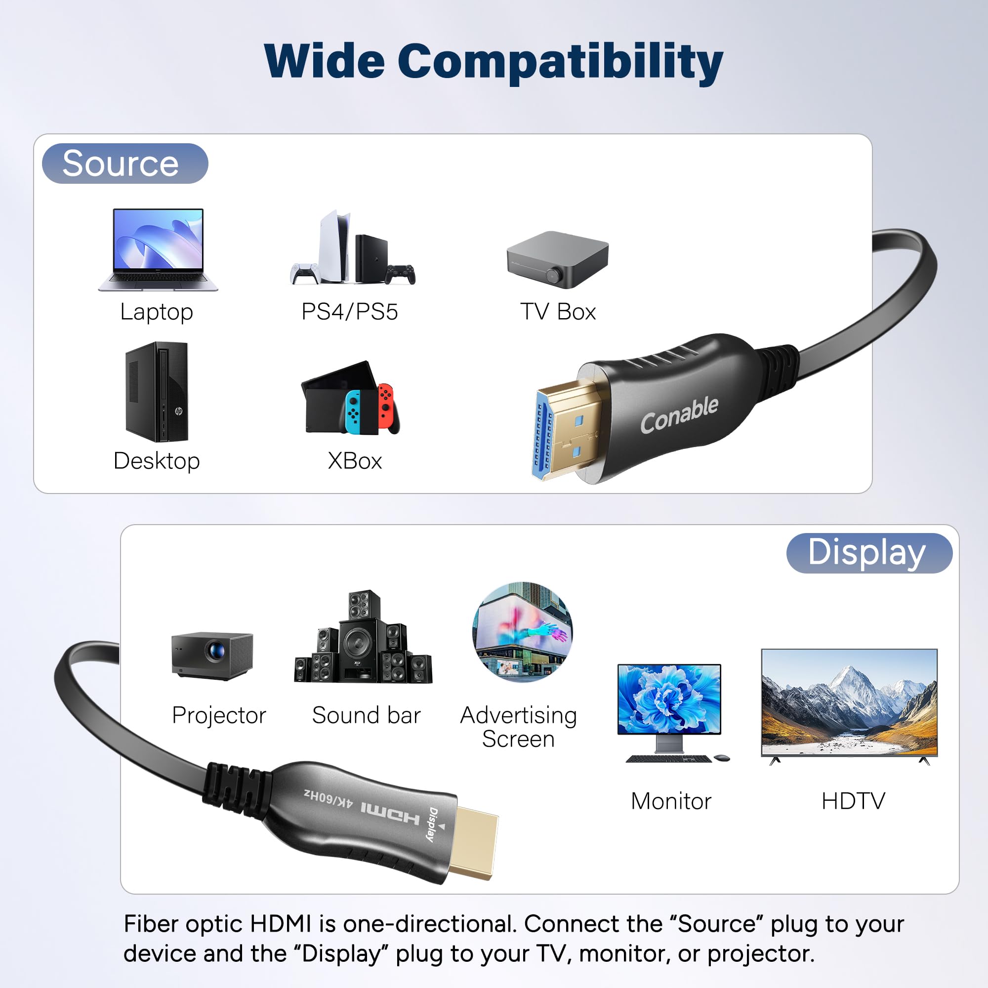 Cavo HDMI 4K 100 FT, cavo HDMI a fibra ottica piatto, unidirezionale, 18 | Ultra HD, supporta 4K a 60Hz, 4:4:4 RGB, HDCP 2.2, 3D ARC, HDR10, Dolby Vision, guscio in lega di zinco, sottile