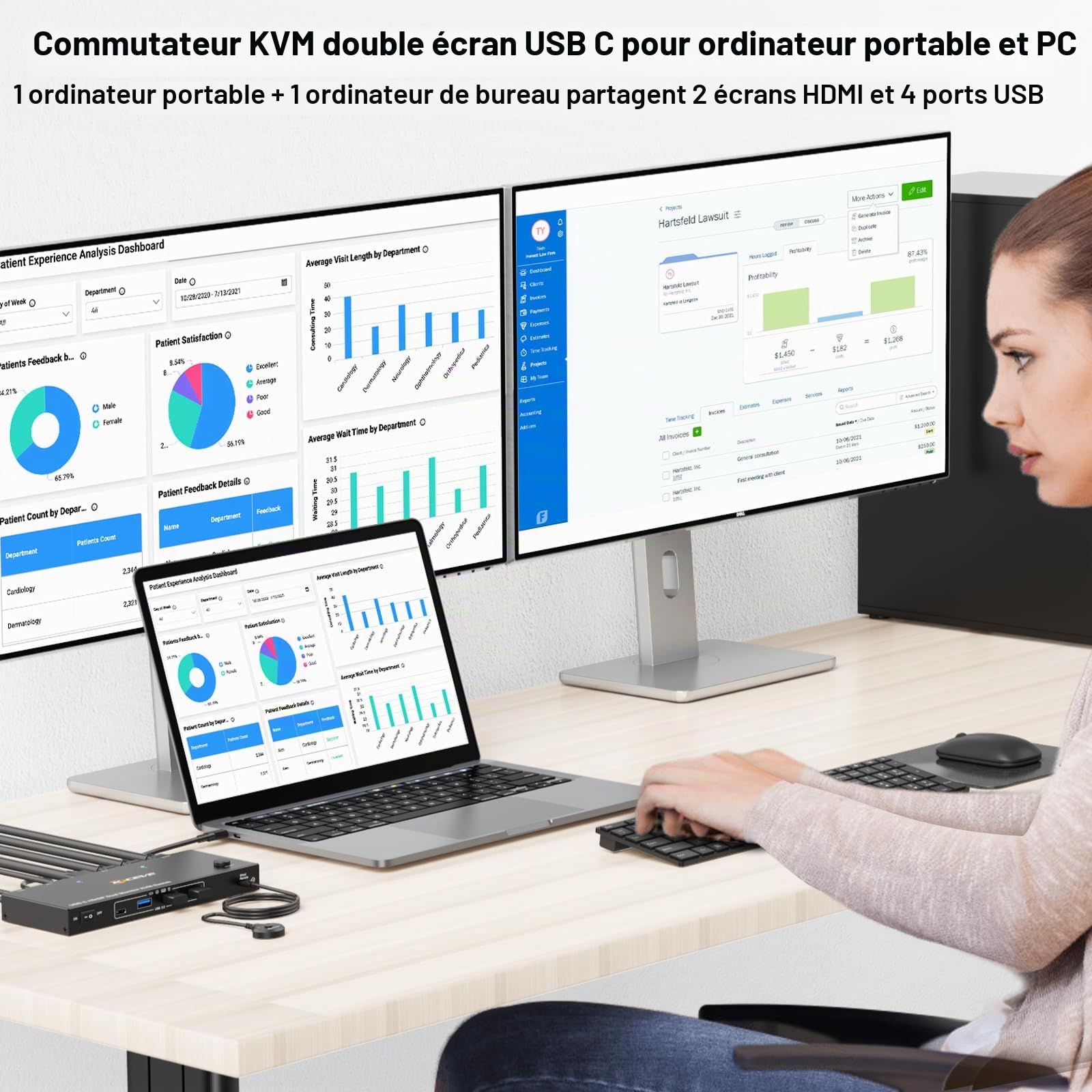 KVM Switch 2 PC 2 moniteurs USB C, commutateur KVM double moniteur pour ordinateur portable et PC, USB 3.0 MST Dual 4K@60Hz, PD 60W pour ordinateur portable, commutateurs KVM HDMI DP USB C