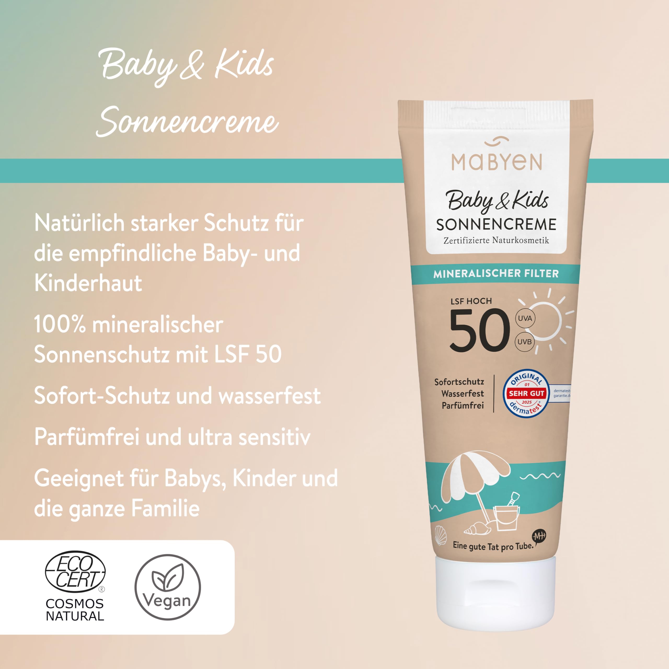 MABYEN Crème Solaire Bébé & Enfants SPF 50 – Protection 100% minérale, sans parfum, résistante à l’eau – Idéale pour les peaux sensibles