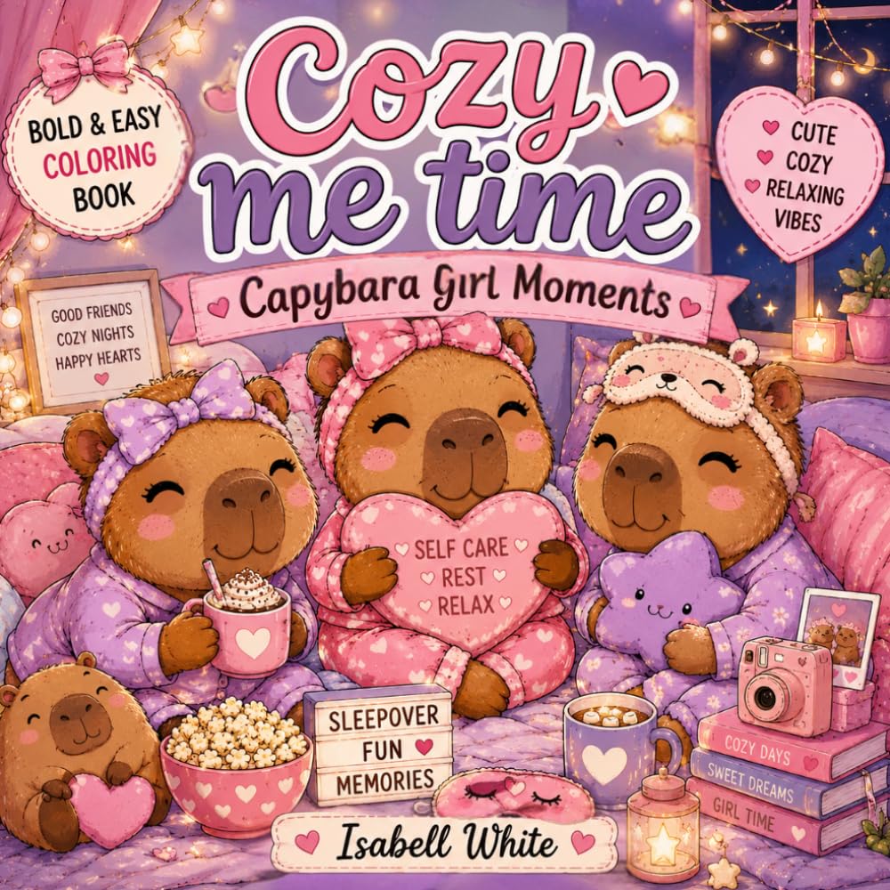 Coloring book Cozy me time Capybara Girl Moments: Cute and Cozy Coloring Book for Adults and Teens Featuring Self-Care, Sleepovers, Skincare, Cozy Nights, Relaxing Girl Vibes, and Adorable Capybaras
