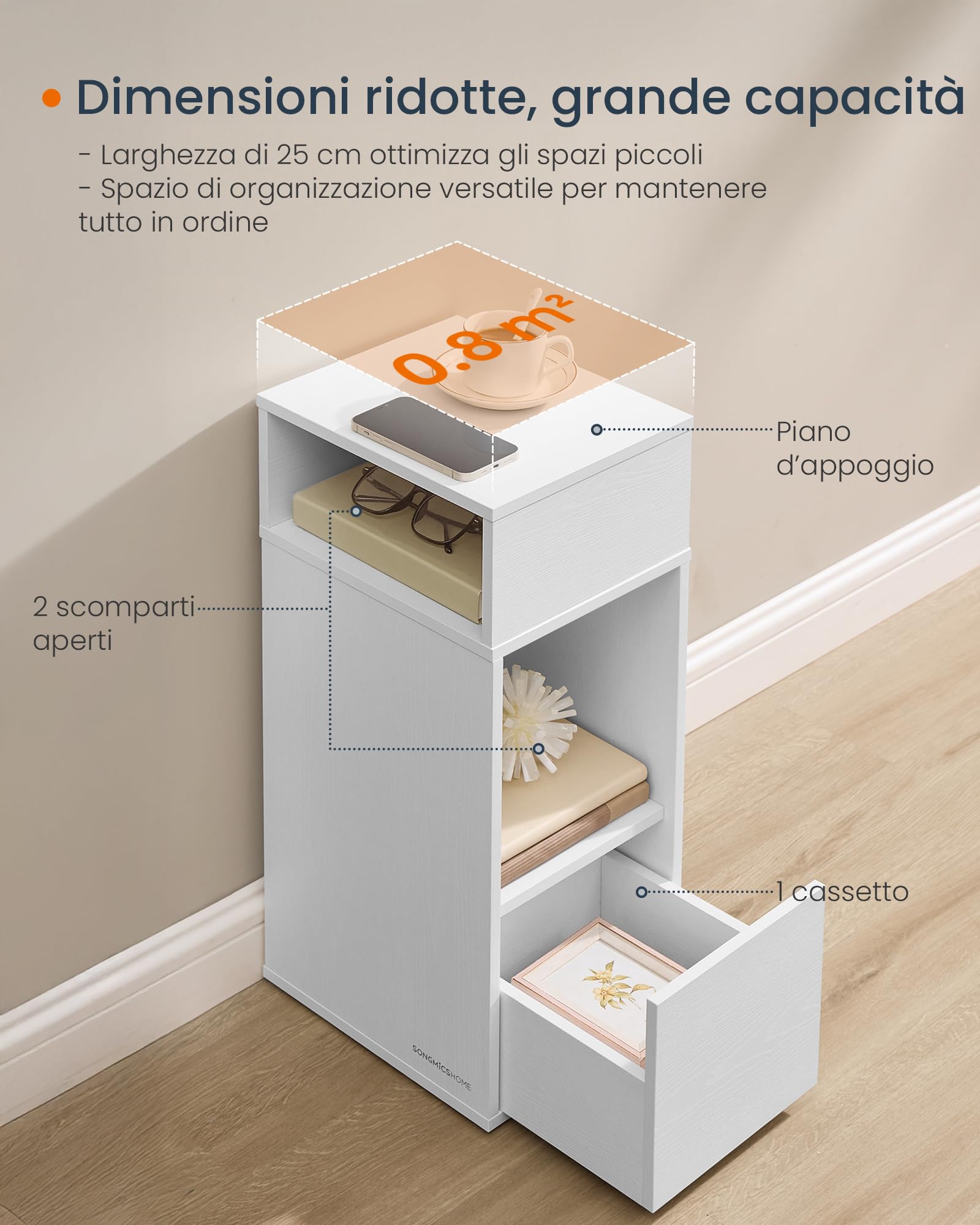 SONGMICS HOME Comodino Sottile, Montaggio Rapido Senza Attrezzi Toolless, Tavolino con 2 Scomparti Aperti e 1 Cassetto, per Camera da Letto, 30 x 25 x 59,4 cm, Bianco Neve LET911WE01