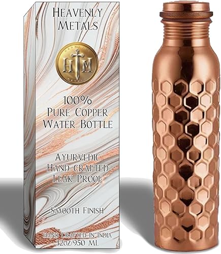 Heavenly Metals Botella de agua de cobre puro de 32 onzas, recipiente de cobre ayurvédico hecho a mano con tapa a prueba de fugas, botella de 32.1