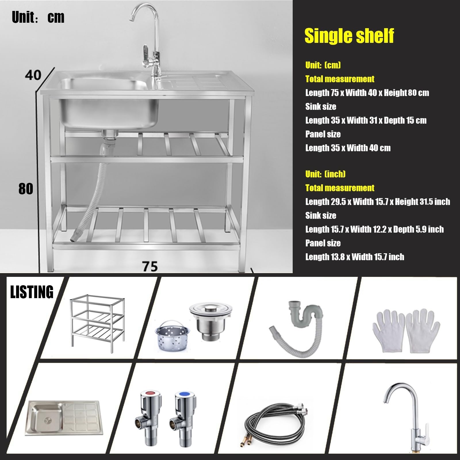Gewerbliche Edelstahl Küchenspüle mit Arbeitsfläche, freistehendes Einzelbecken für Gastronomie Vorbereitung, Gemüsespüle mit Wasserhahn und Ablage(Double layer)