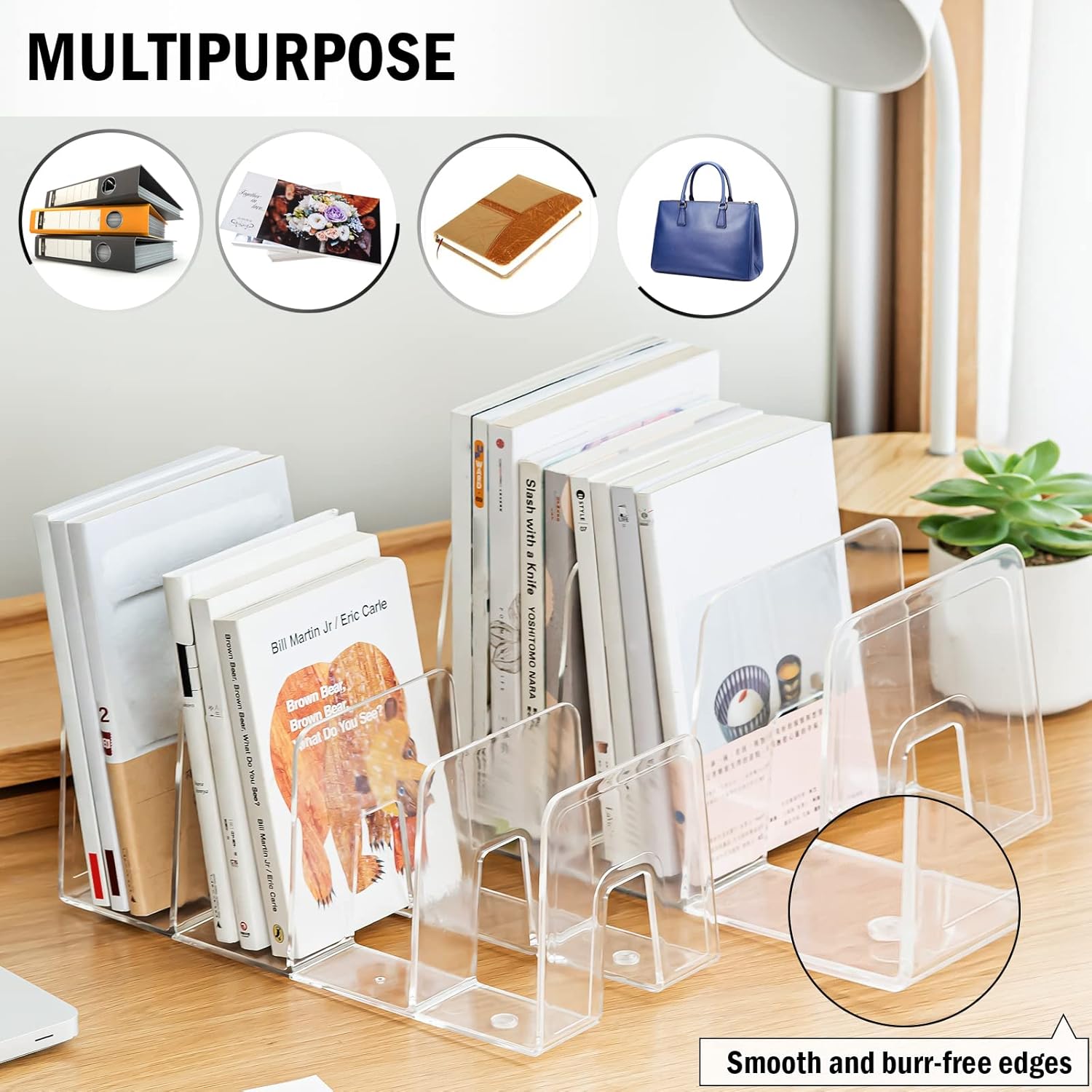 Clear Desktop Book Organizer, Creative Book Stand, Divider Bookshelf for Home School and Office, Non-Acrylic Stand Bookshelves (4 Sections), Transparent, Pack of 2