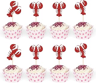 24 PCS Watercolor Crawfish Boil Cupcake Toppers Red Glitter Lobster Boys and Girls Happy Decorations Cupcake Food Picks Sea Animal Theme Party Cake Decorations Supplies