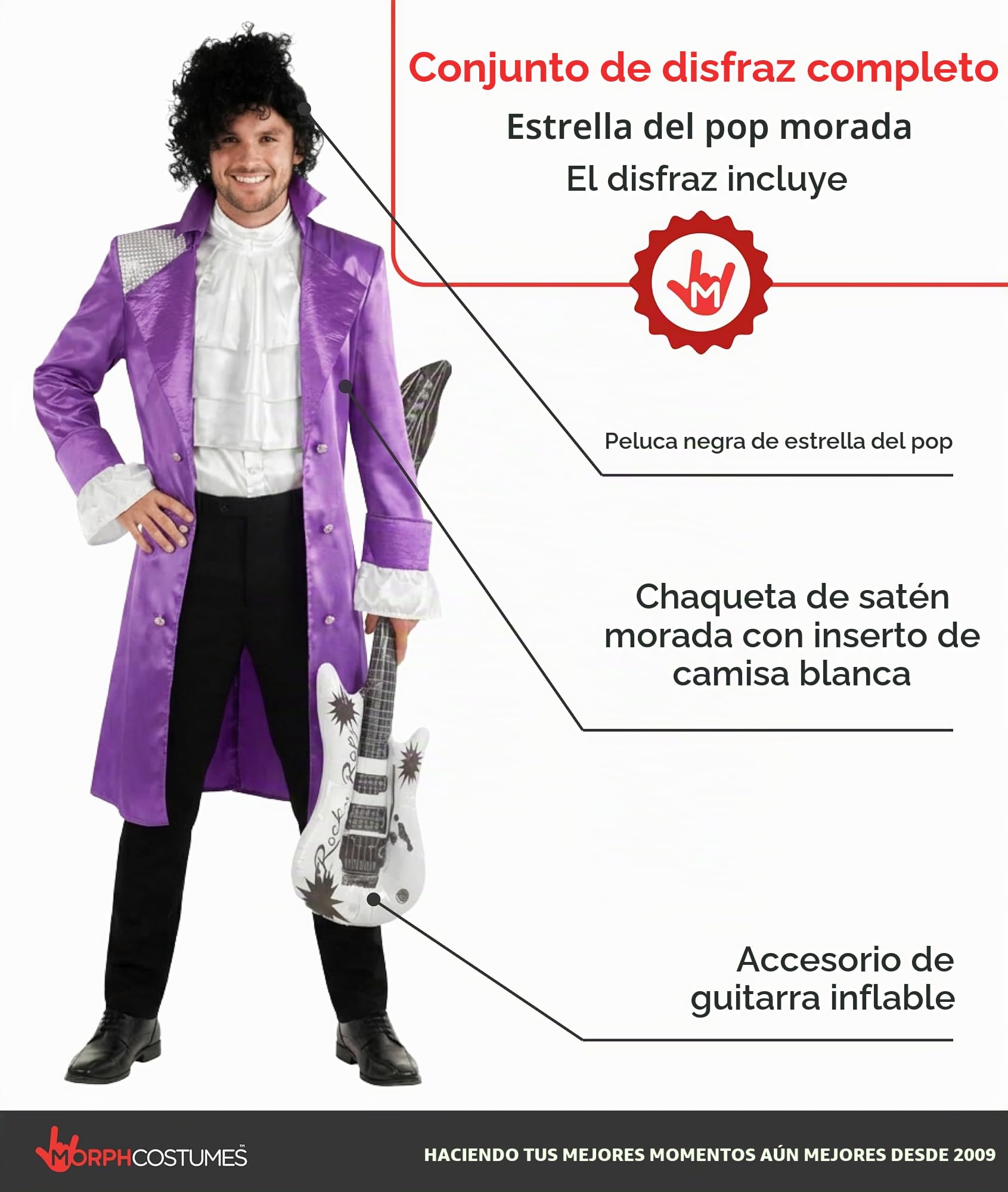 Morph Disfraz Estrella Pop Morado, Traje Músico Años 80 Hombre, Cosplay, Disfraz Carnaval y Halloween