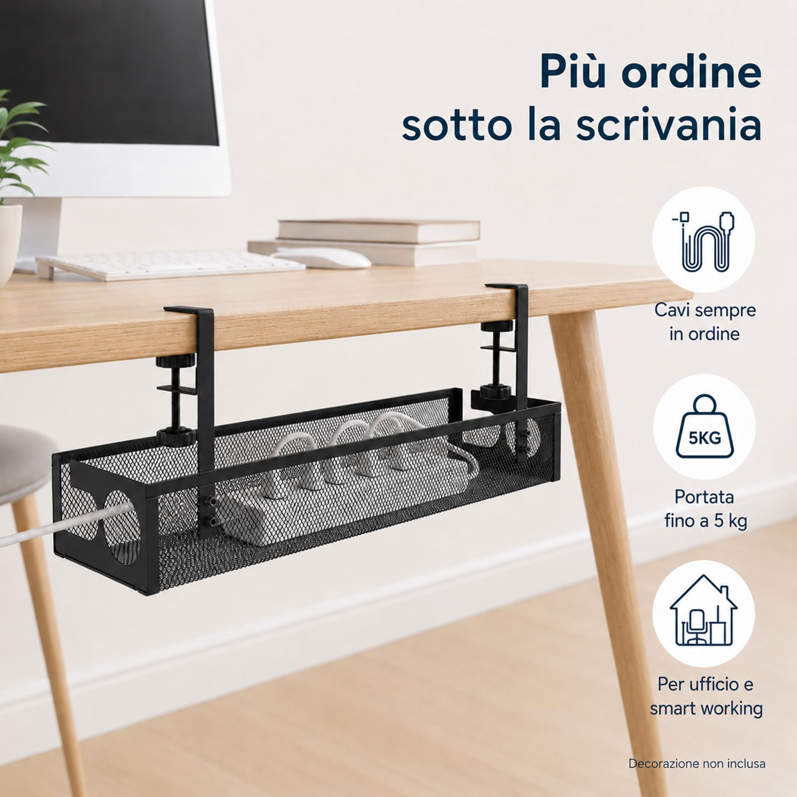Gestione cavi per scrivania, vassoio per la gestione dei cavi per scrivania, vano per la gestione dei cavi sotto la scrivania senza forare con morsetto, spazio sotto la scrivania per ufficio, casa