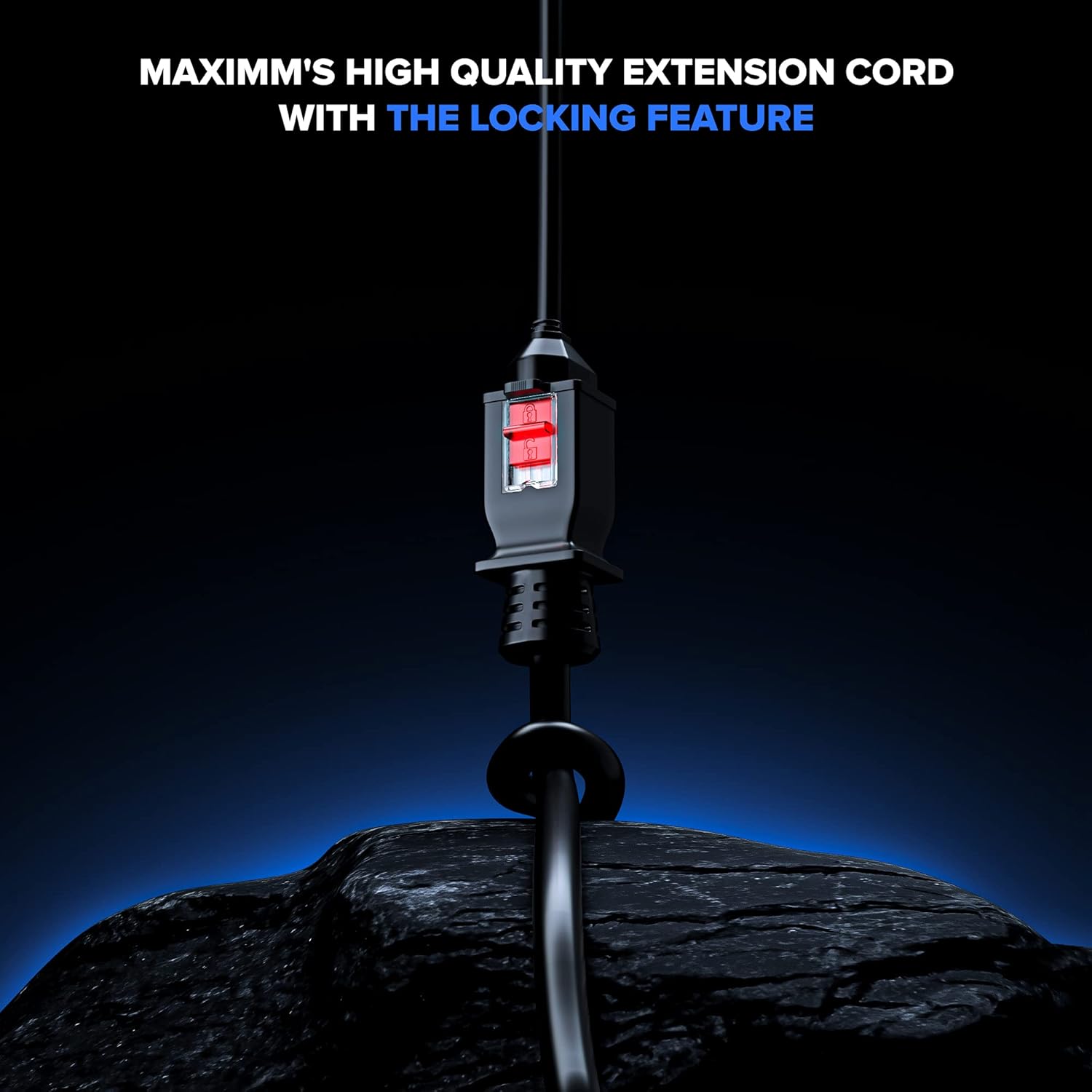 Maximm Extension Cord 10 ft - Outdoor Extension Cord with Locking Connector, 3-Prong Plug, and Rated SJTW Jacket, Heavy-Duty Power Cord up to 125V, Weatherproof Extension Cord, ETL Listed, Black