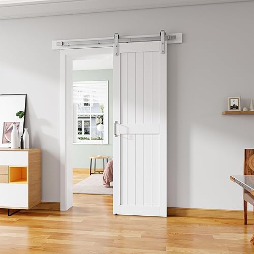 Puerta corredera de granero de 26 x 84 pulgadas con kit de herrajes de níquel cepillado de 5 pies, mango y guías de suelo, agujeros preperforados